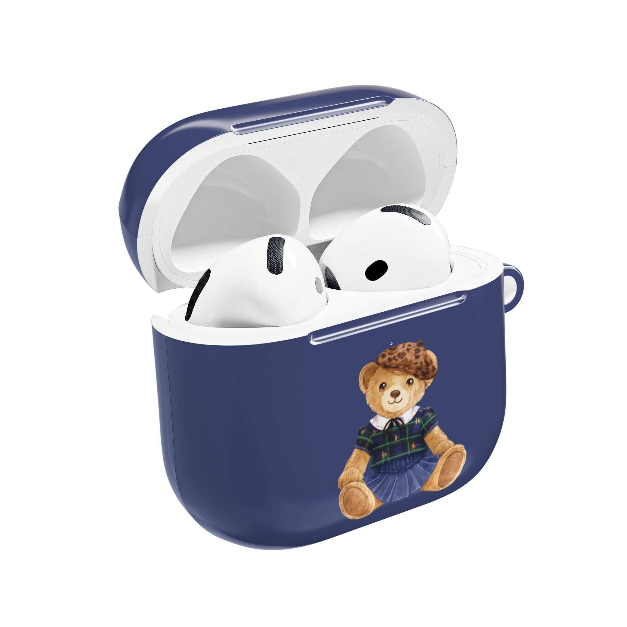 Blue AirPods case with teddy bear scout graphic and open lid, showing white earbuds