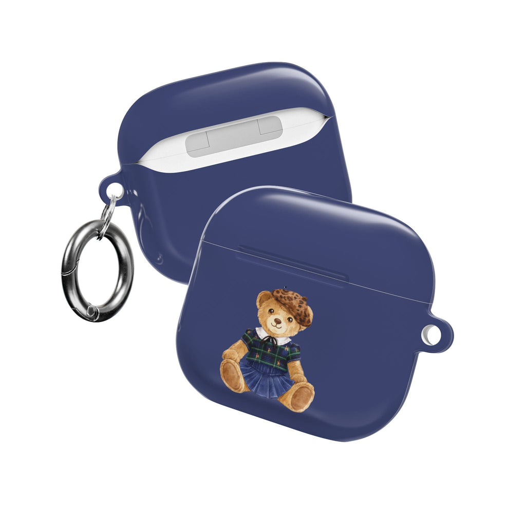 Blue AirPods case with teddy bear scout graphic, front view and metal keyring