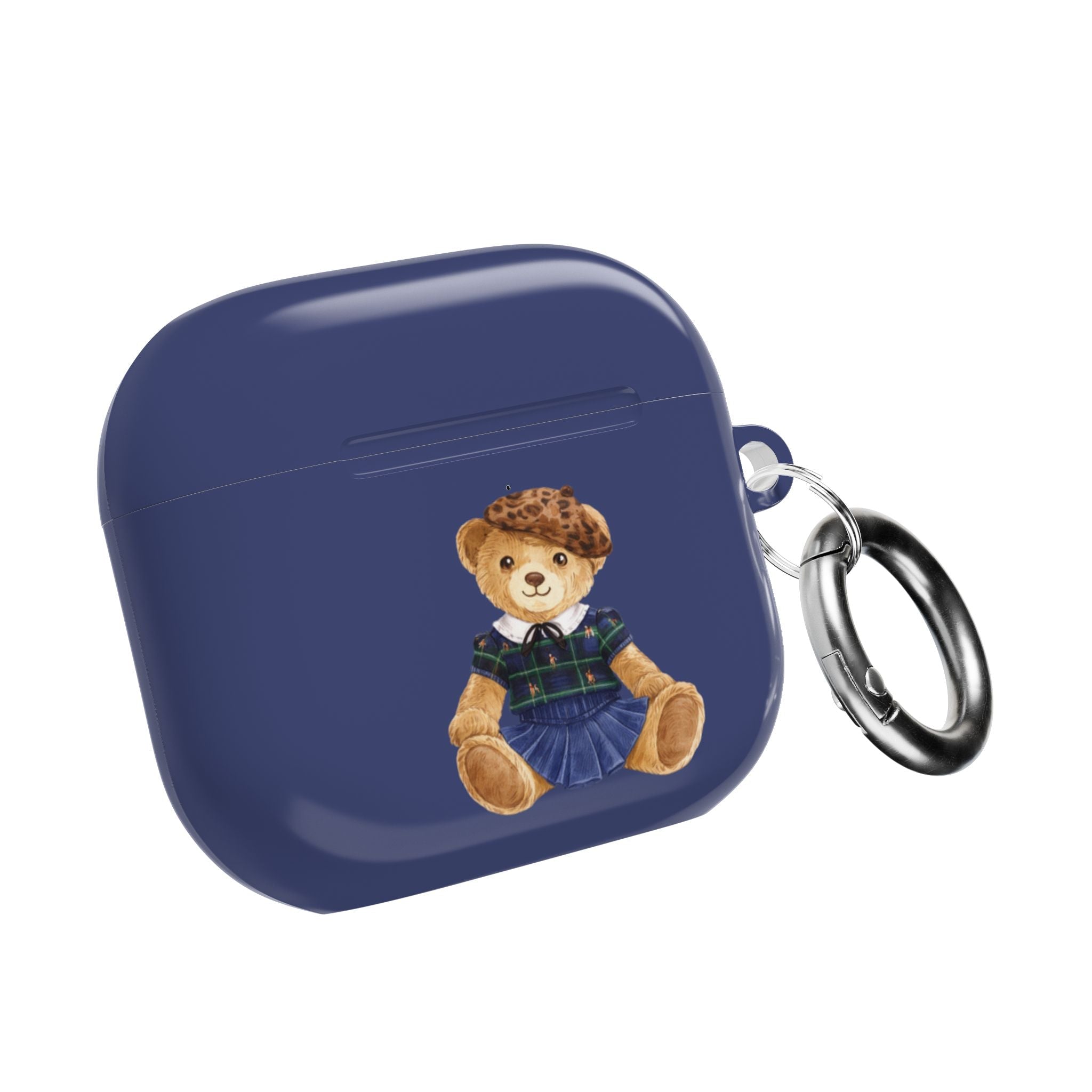 Blue AirPods case with teddy bear scout graphic and metal keyring, closed