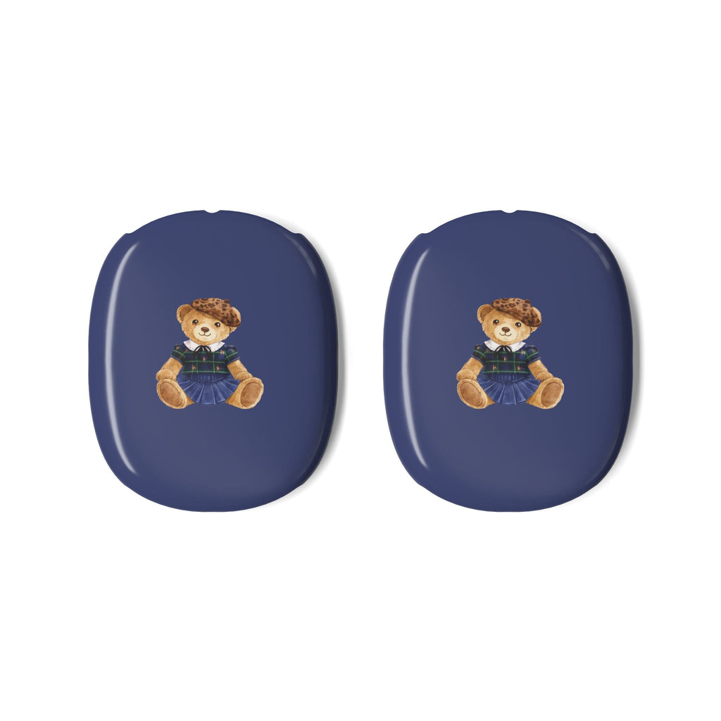 Pair of blue AirPods Max ear cup covers, each with teddy bear Girl Scout badge