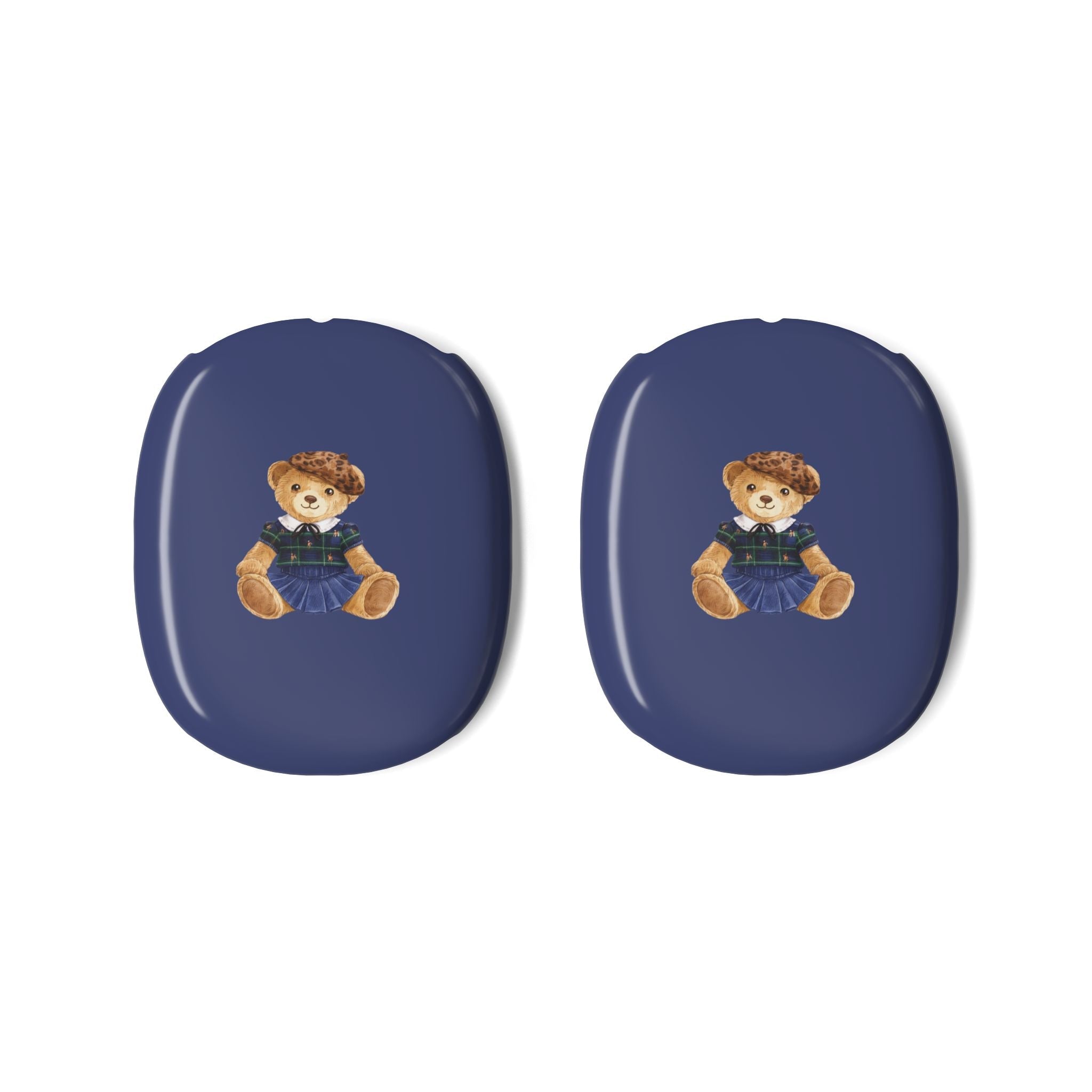 Pair of blue AirPods Max ear cup covers, each with teddy bear Girl Scout badge