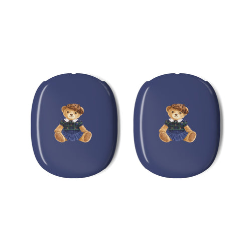 Pair of blue AirPods Max ear cup covers, each with teddy bear Girl Scout badge
