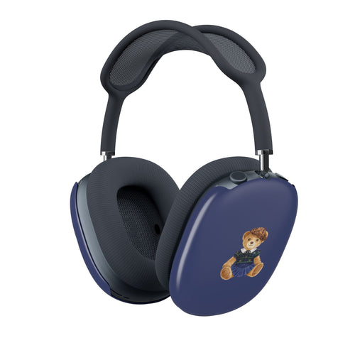 Blue AirPods Max ear cup cover with teddy bear Girl Scout motif on side