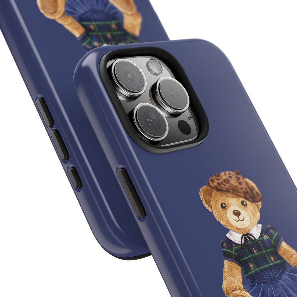 Blue phone case side view with teddy bear scout near lens area