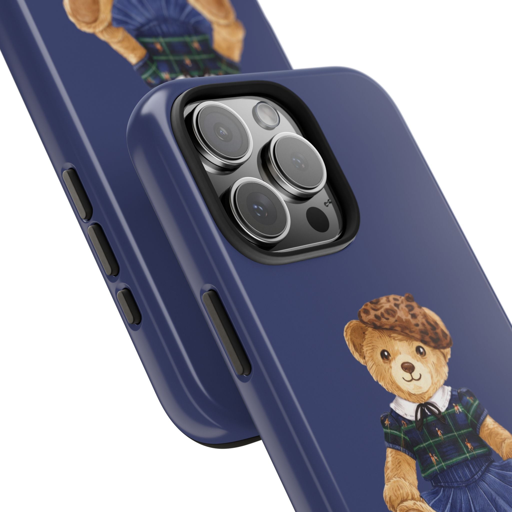 Blue phone case side view with teddy bear scout near lens area