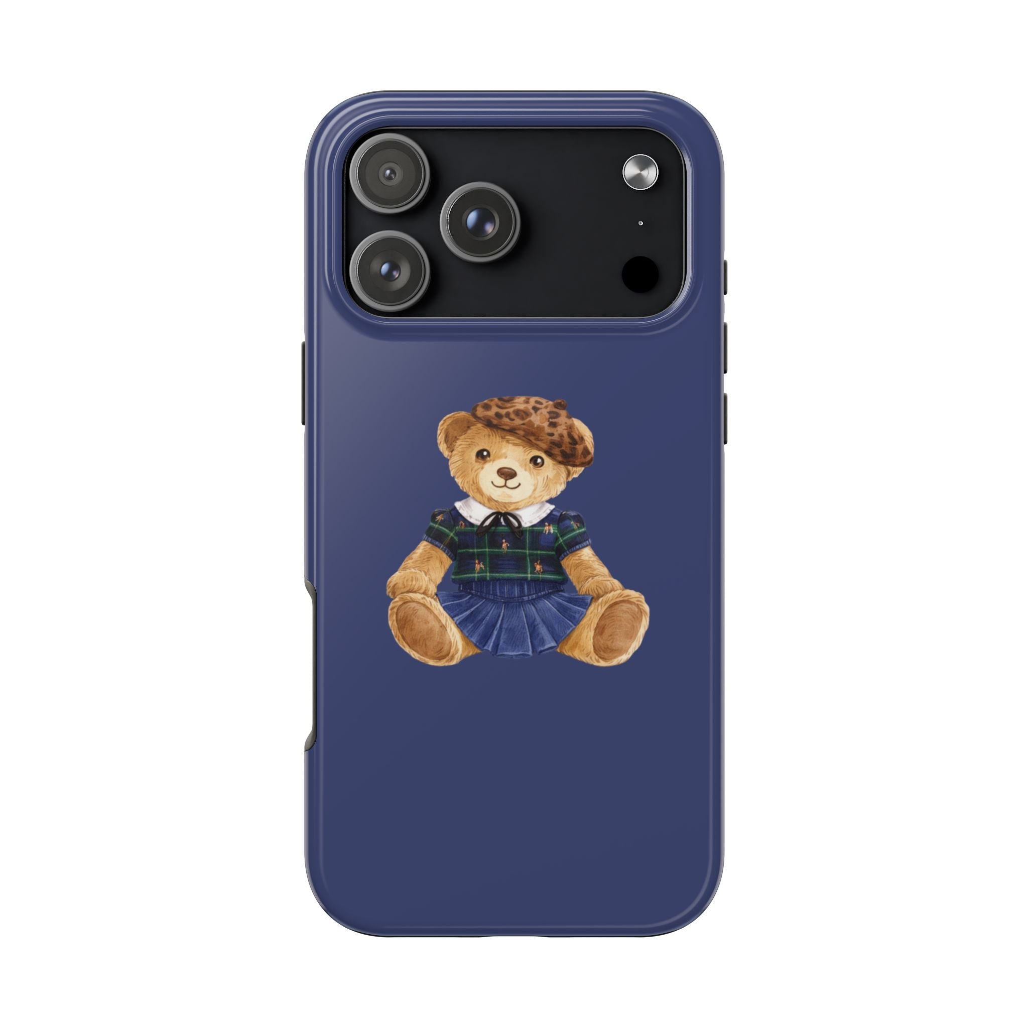 Navy phone case showing teddy bear scout sitting graphic centered on back