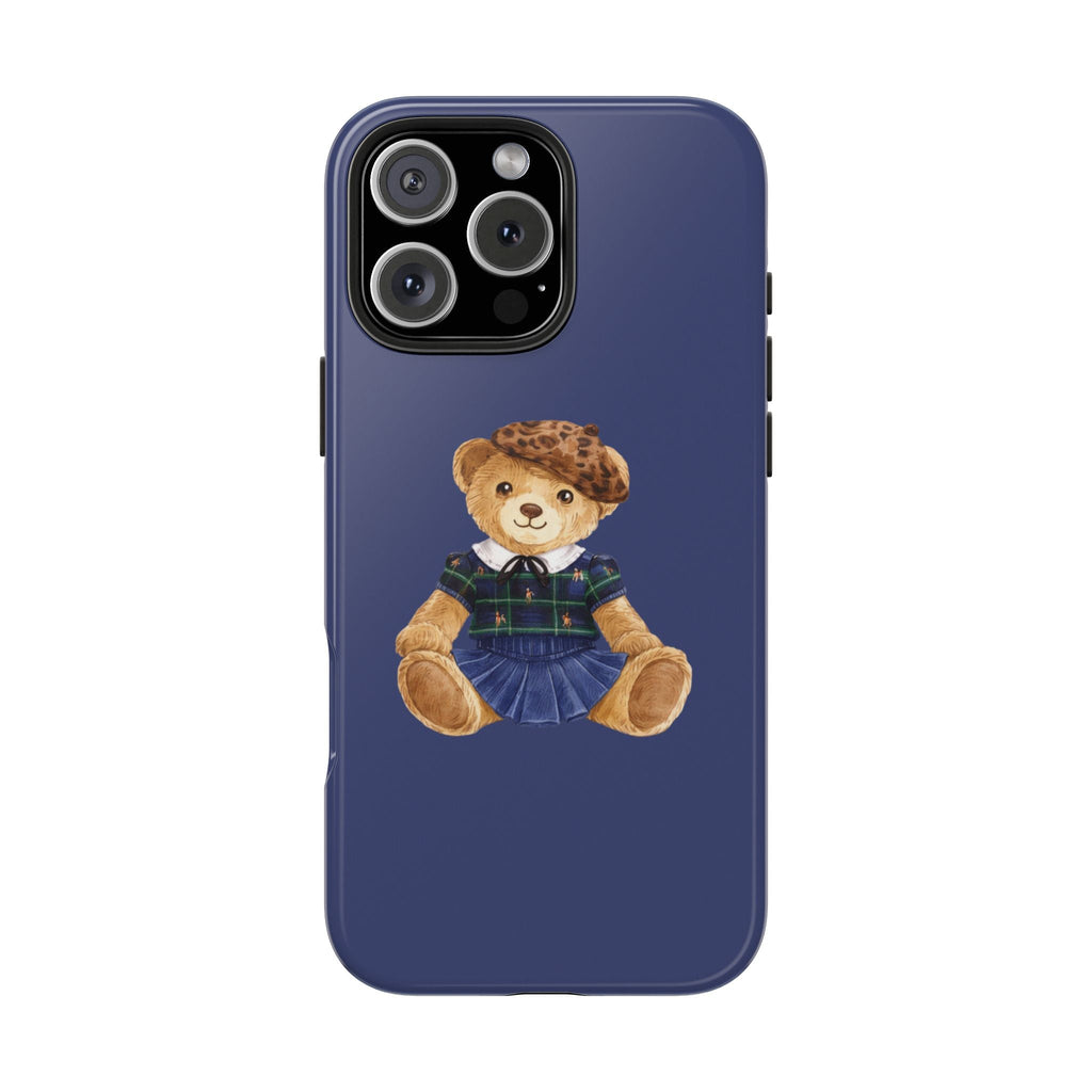 Blue phone case with teddy bear girl scout outfit illustration and camera cutouts