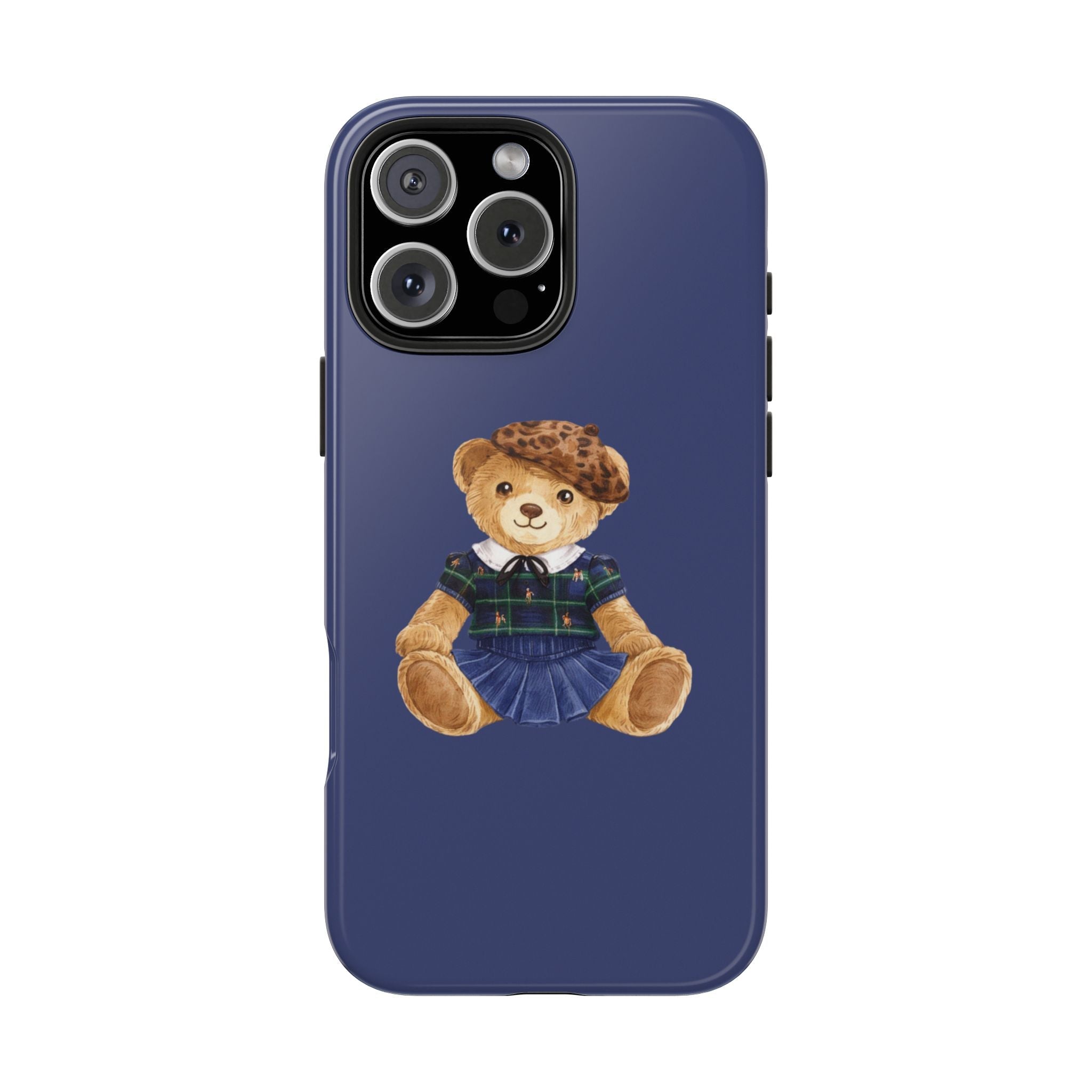 Blue phone case with teddy bear girl scout outfit illustration and camera cutouts