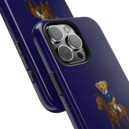 Navy phone case side view; cowboy teddy bear and horse graphic near camera