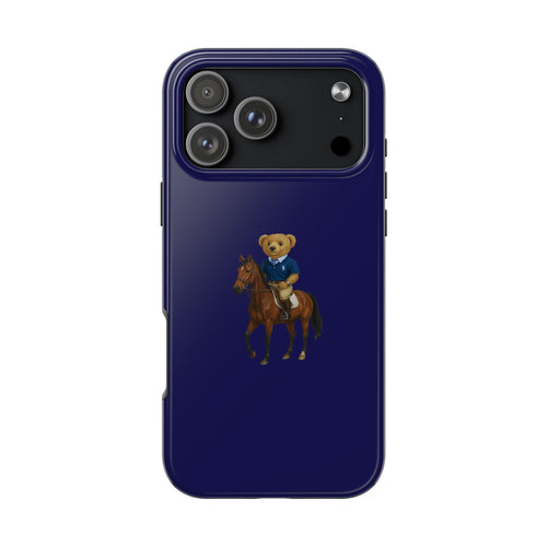 Navy phone case with cowboy teddy bear on brown horse on back