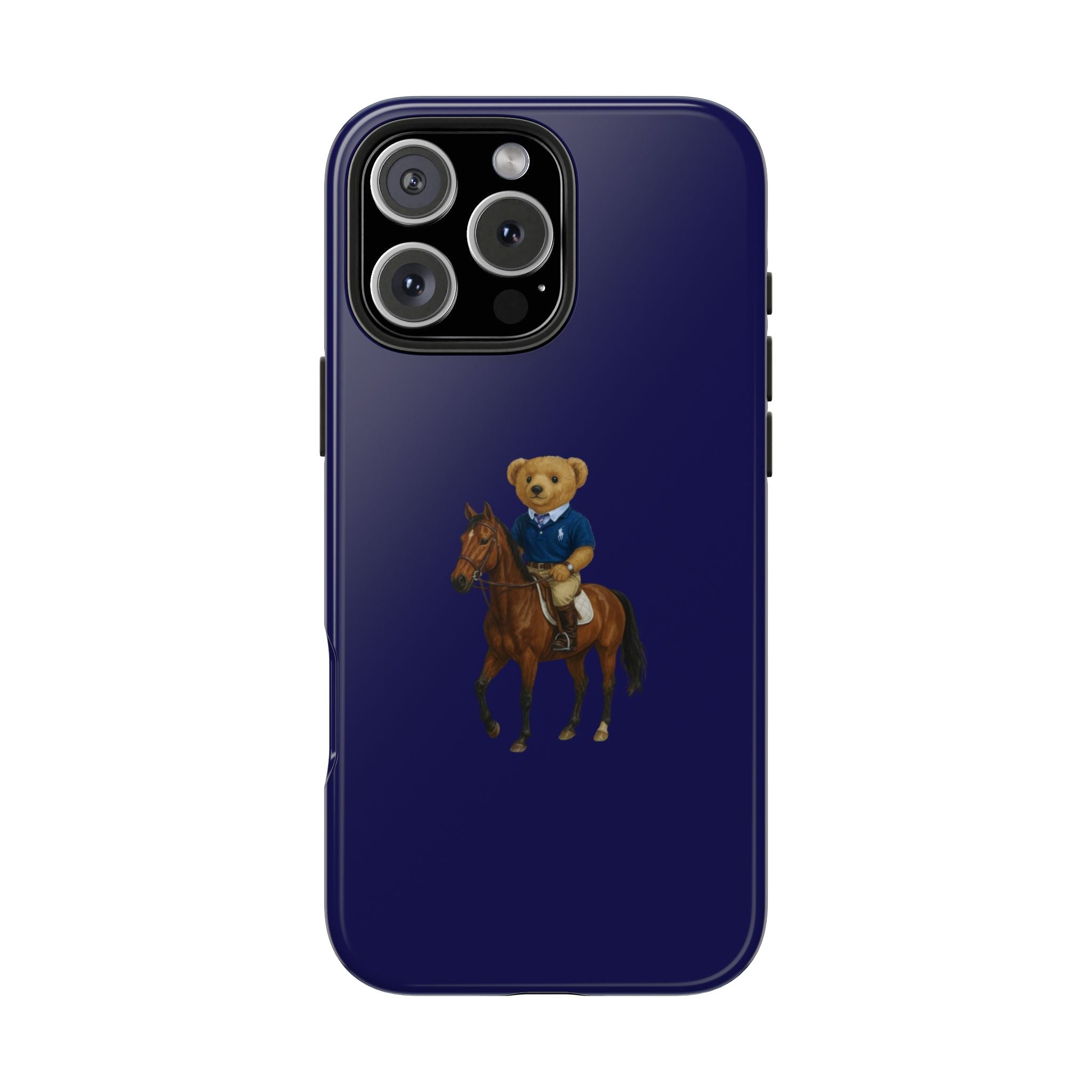 Navy phone case back view featuring cowboy teddy bear riding brown horse