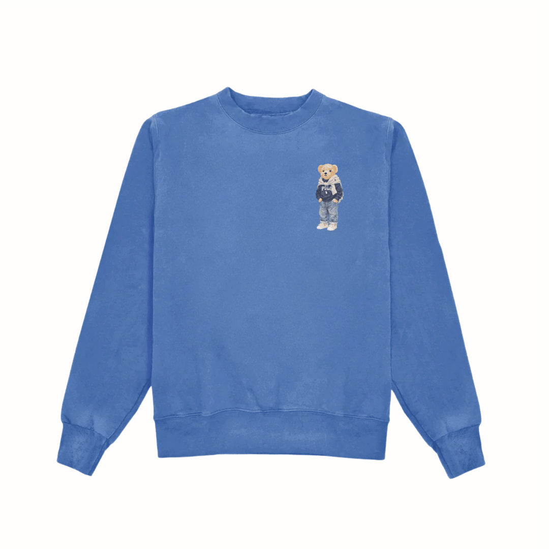 Blue teddy bear crewneck sweatshirt with small chest graphic