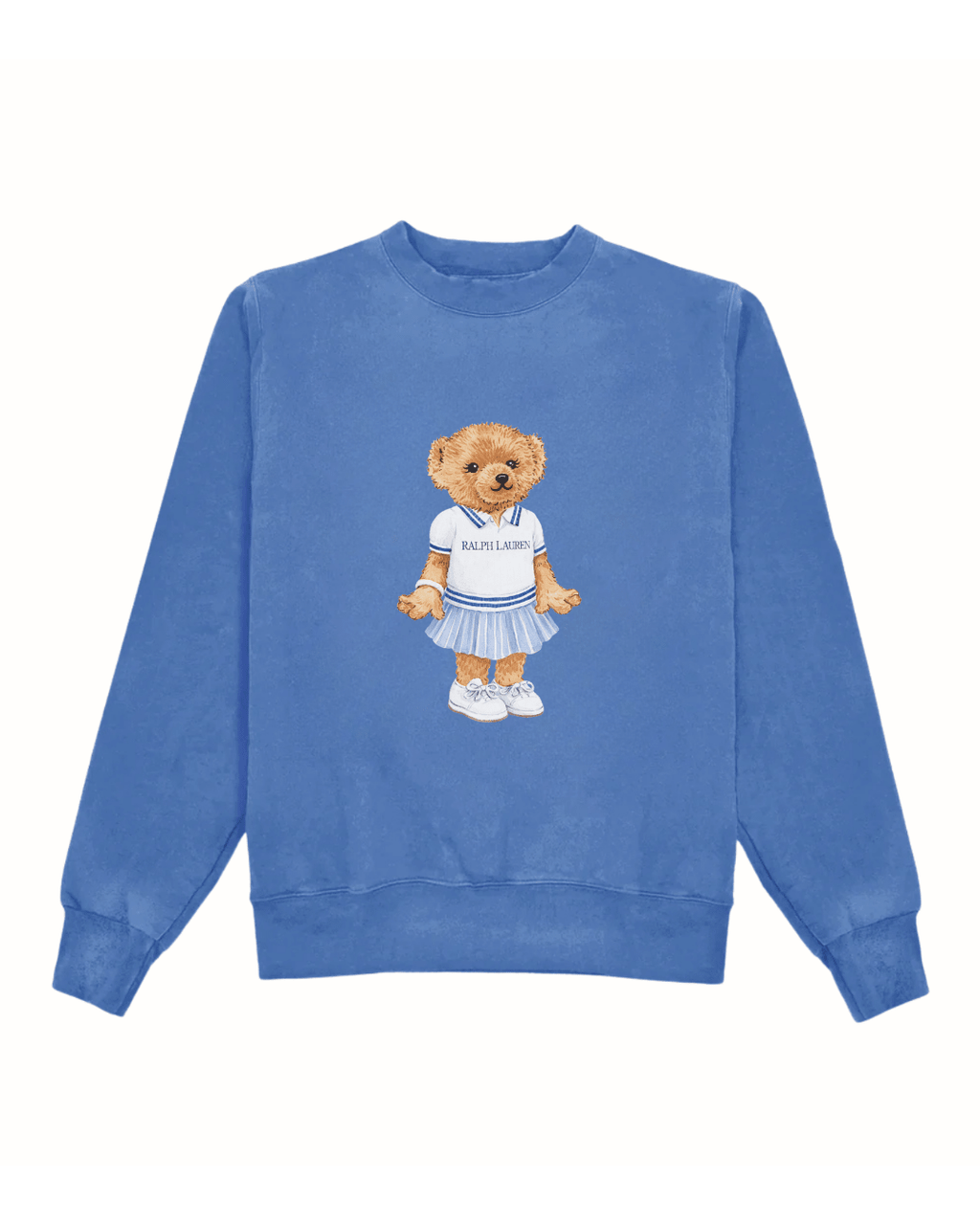 Blue girls crewneck sweatshirt with teddy bear graphic on front