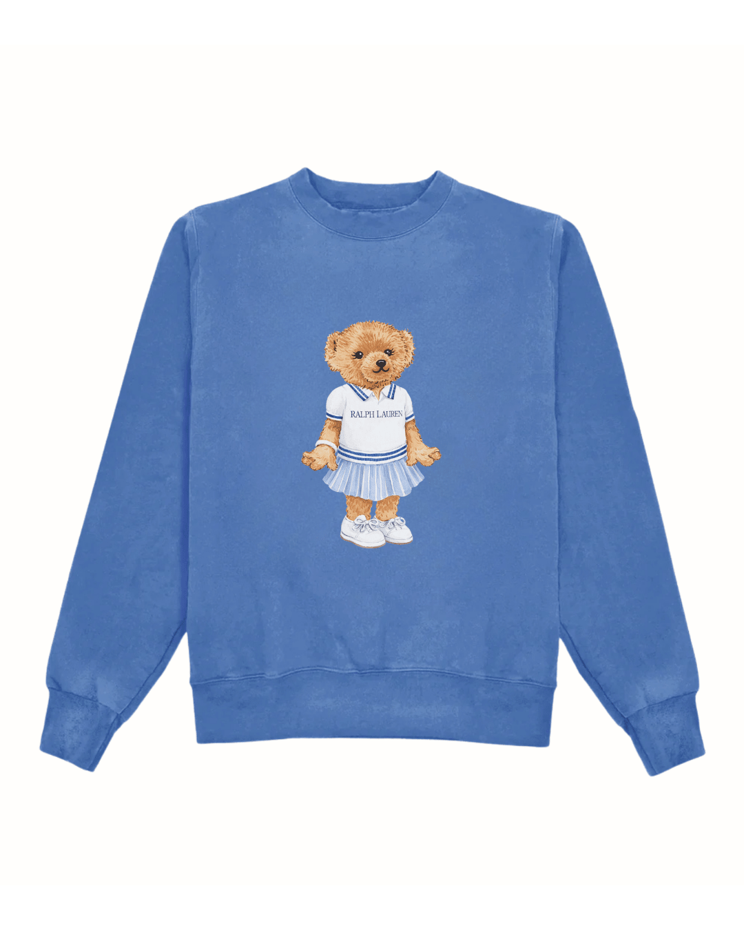 Blue girls crewneck sweatshirt with teddy bear graphic on front