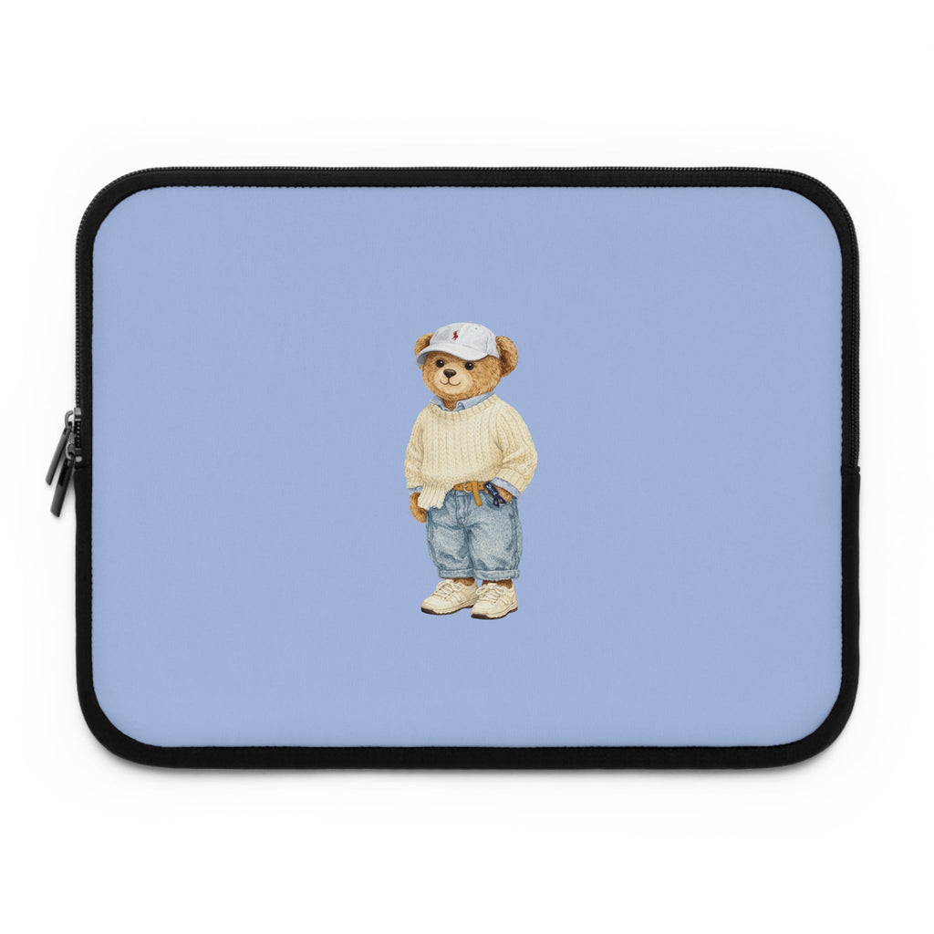 Light blue neoprene electronics sleeve with teddy bear graphic and black zip closure