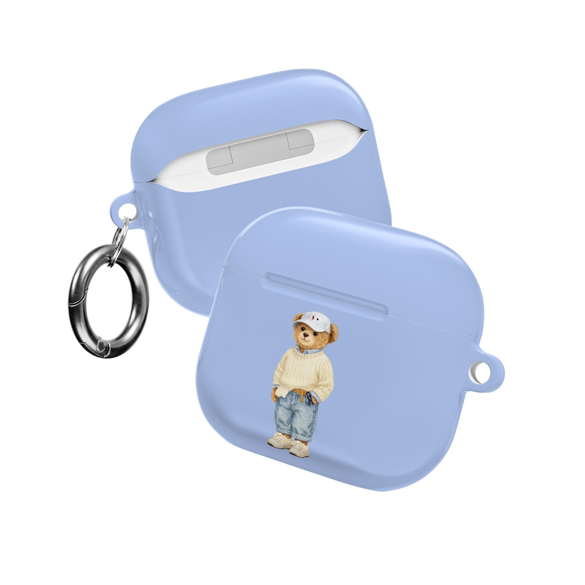 Light blue AirPods case with teddy bear graphic, hanging ring, open lid