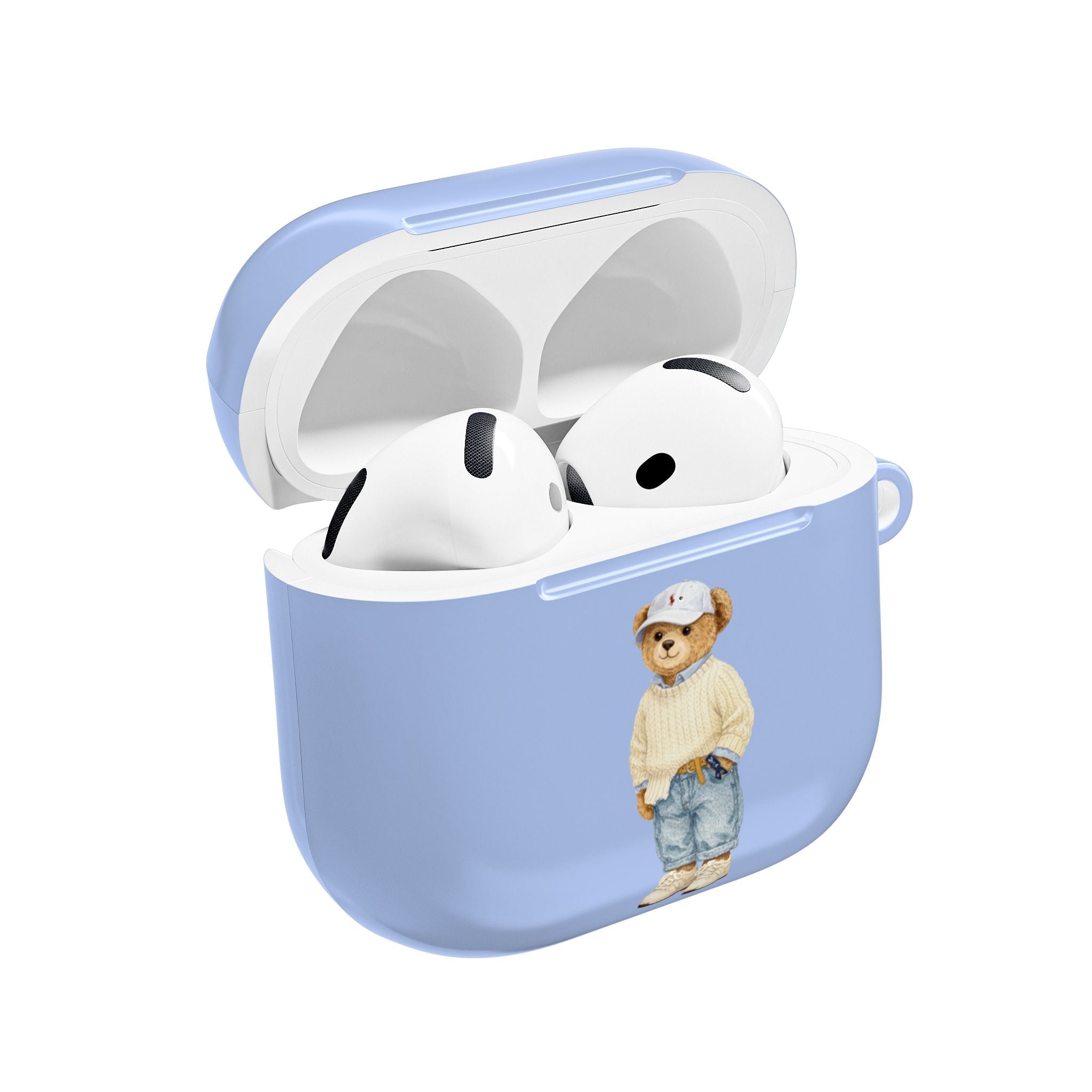 Light blue AirPods case with teddy bear in polo, open lid, white earbuds inside