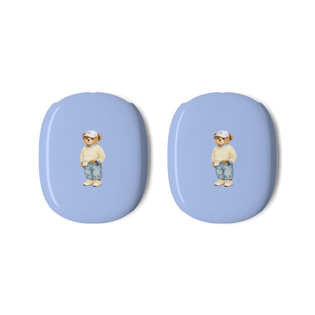 Pair of light blue ear-cup covers with teddy bear graphic for AirPods Max