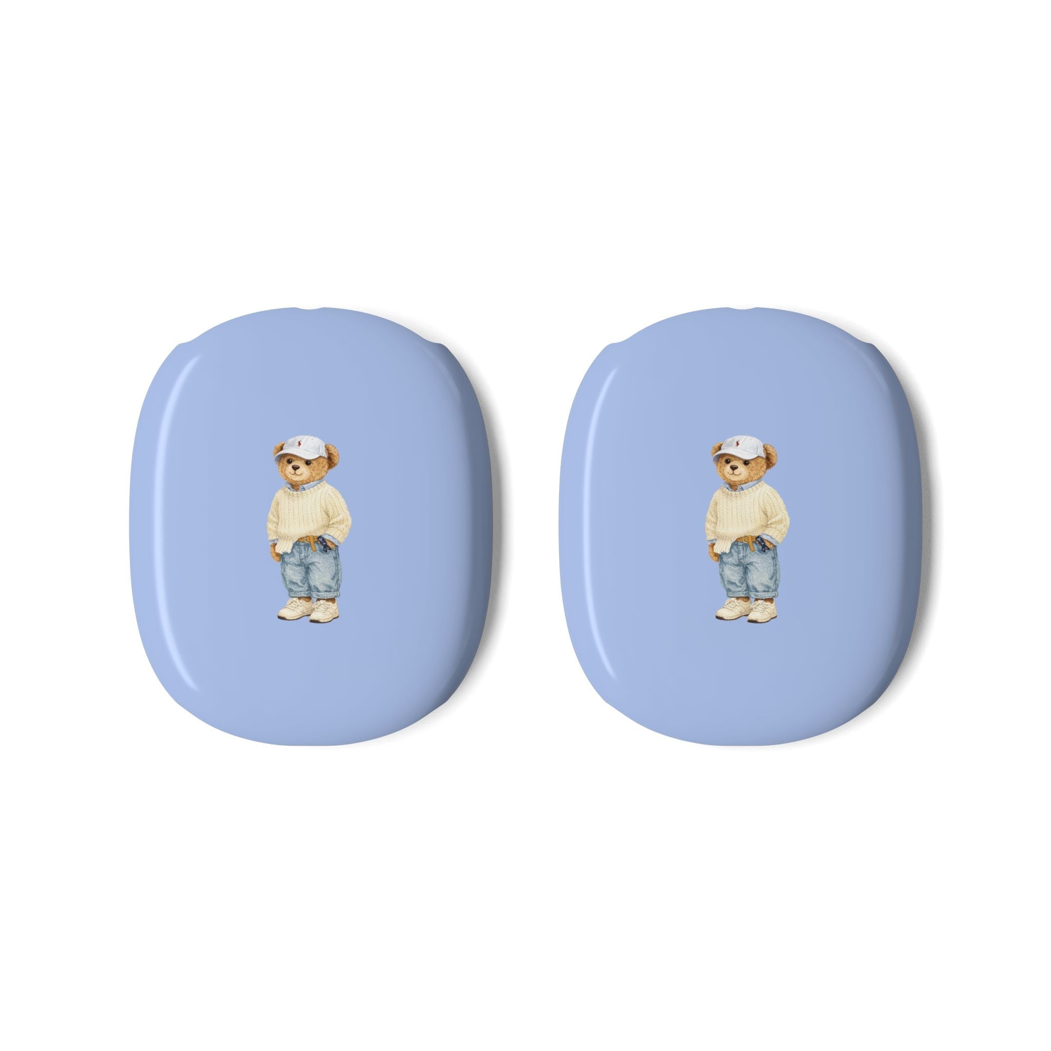 Pair of light blue ear-cup covers with teddy bear graphic for AirPods Max