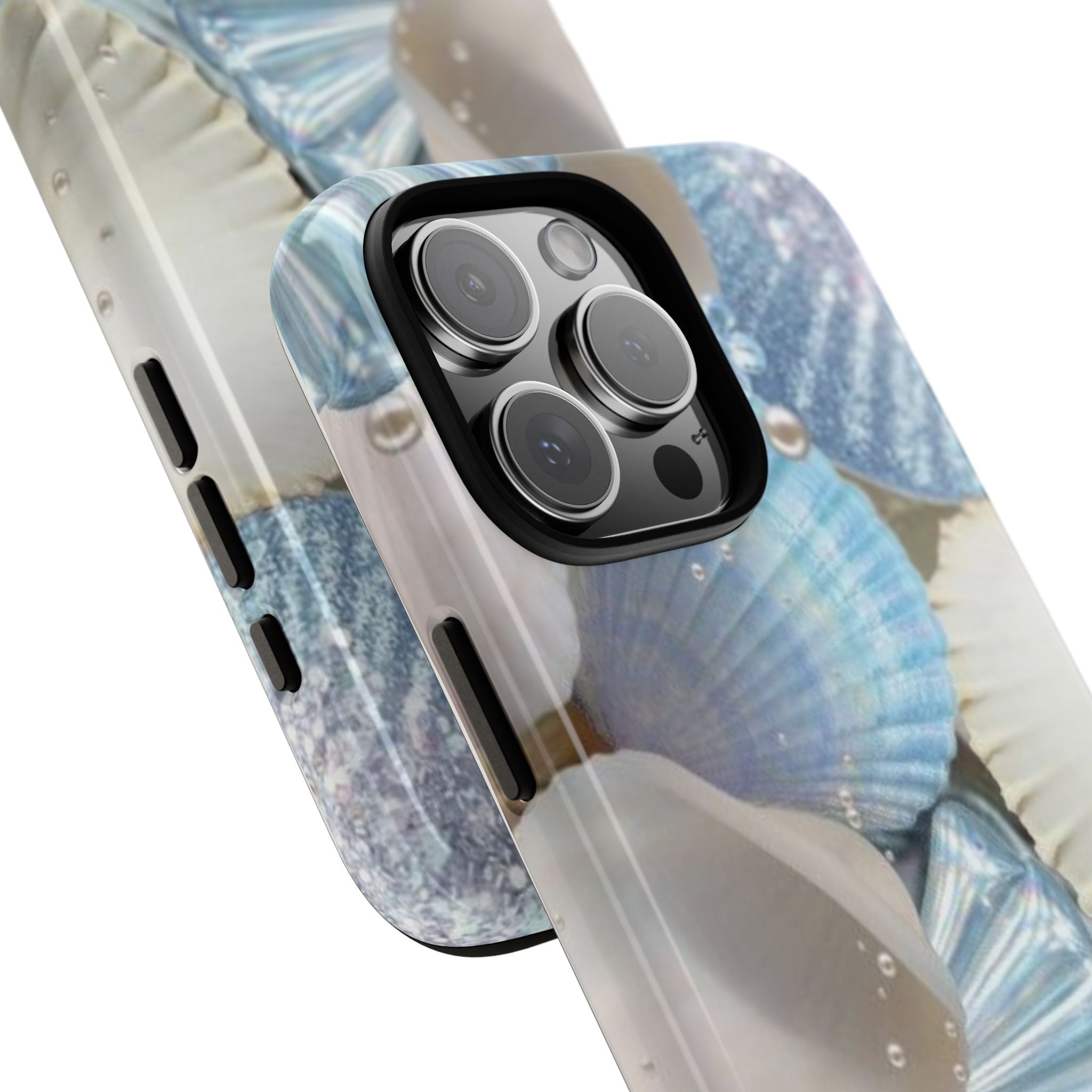 Side view of blue seashell phone case showing raised edges and camera module cutout
