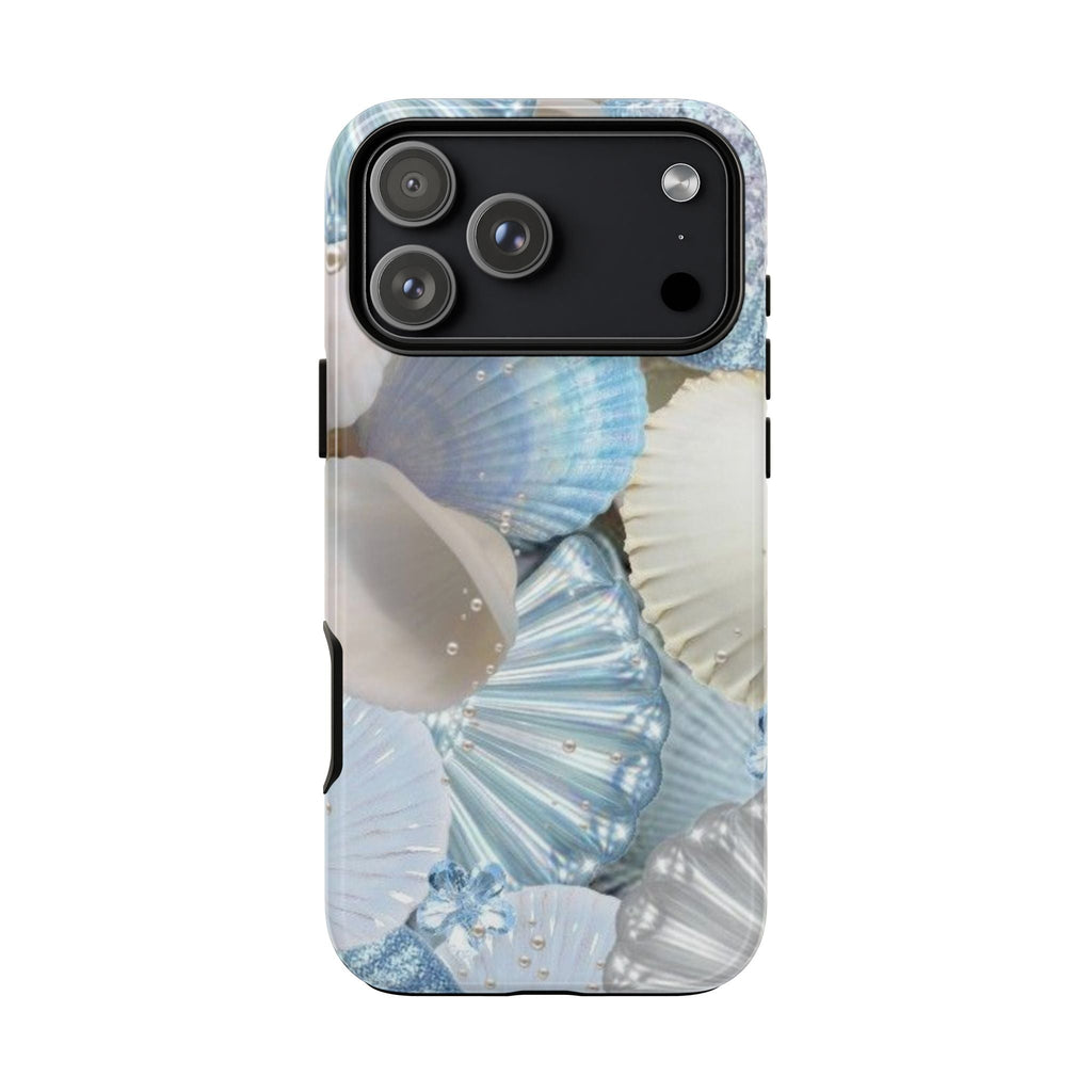 Blue sea shells phone case, glossy print with seashells and camera lens openings