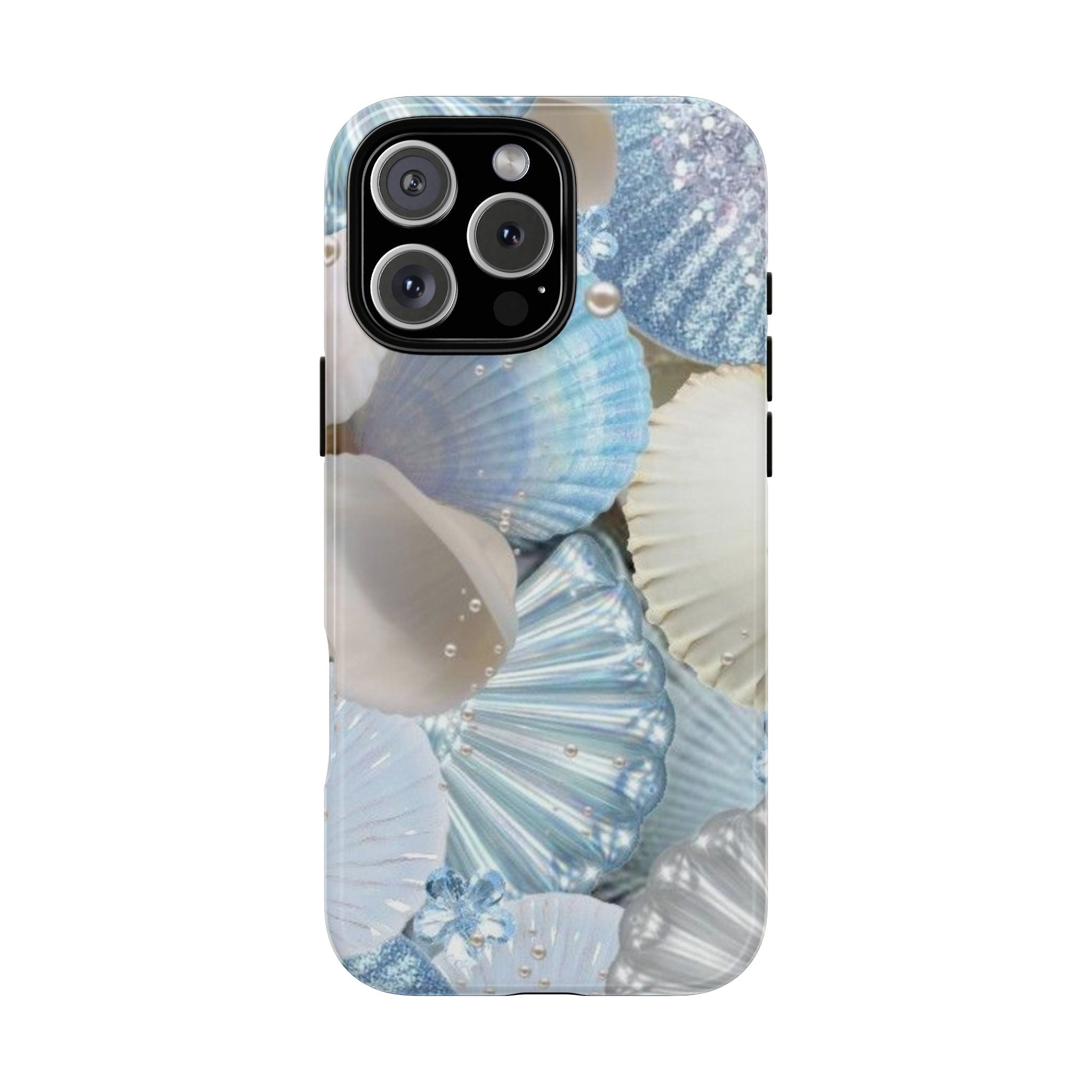 Blue sea shells phone case with blue-and-white shell pattern and camera cutouts