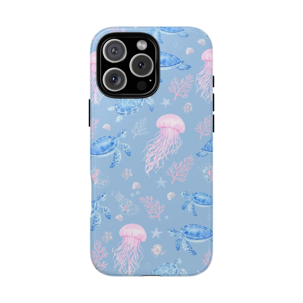 Light blue phone case with pink jellyfish and blue sea turtles pattern, camera cutout