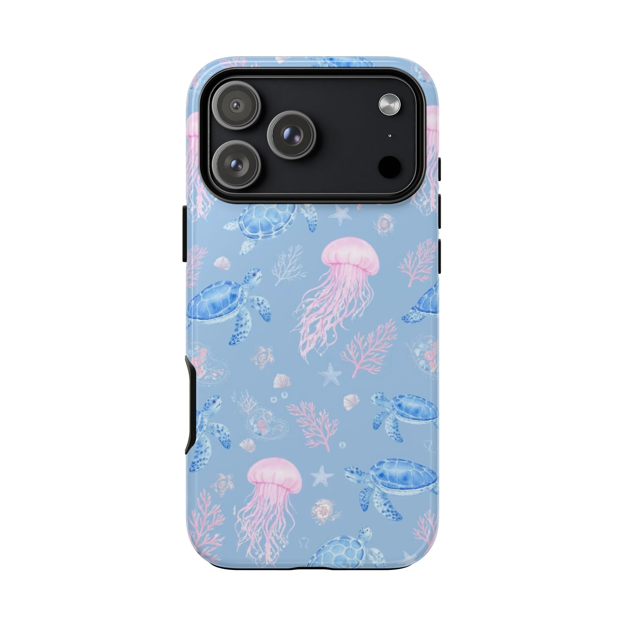 Light blue sea-life phone case with pink jellyfish and sea turtles, black camera panel