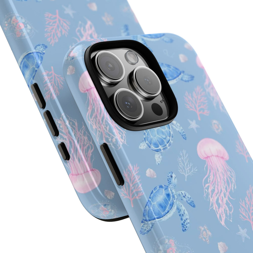 Sea turtle and pink jellyfish phone case, angled view of camera lenses and cutouts