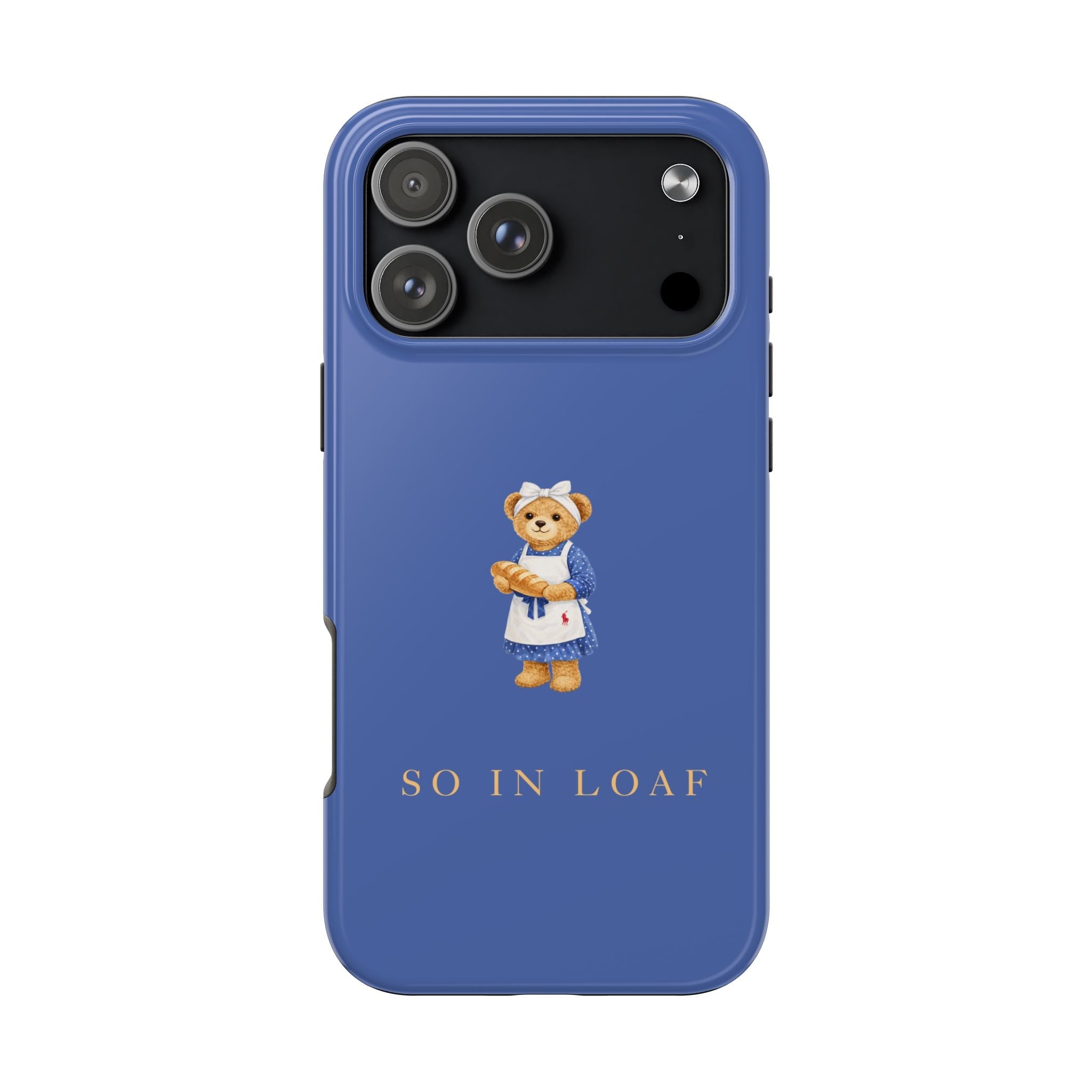 Blue SO IN LOAF teddy bear phone case with blue outfit, front view, camera cutouts