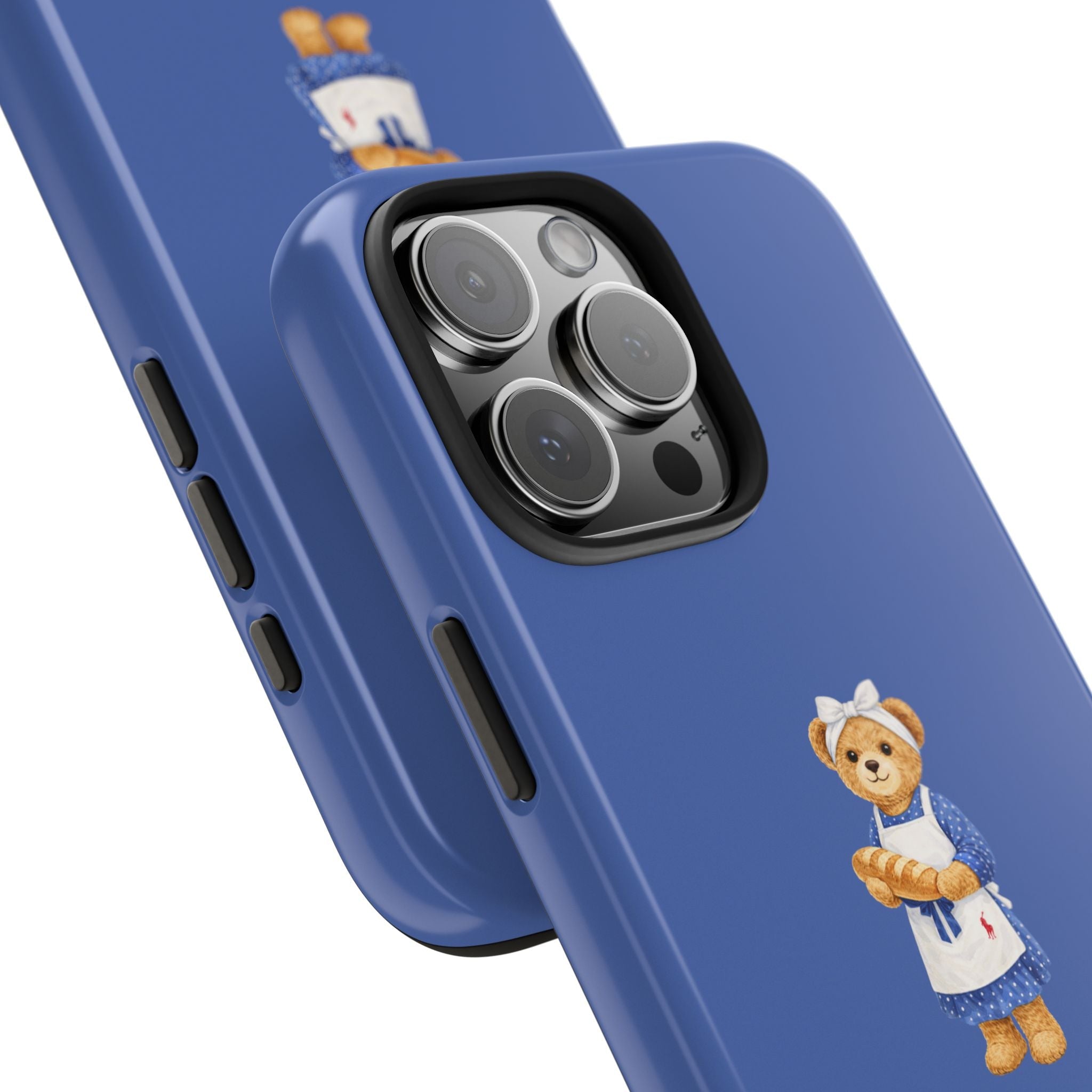 Blue phone case side view with teddy bear motif and raised lens camera cover