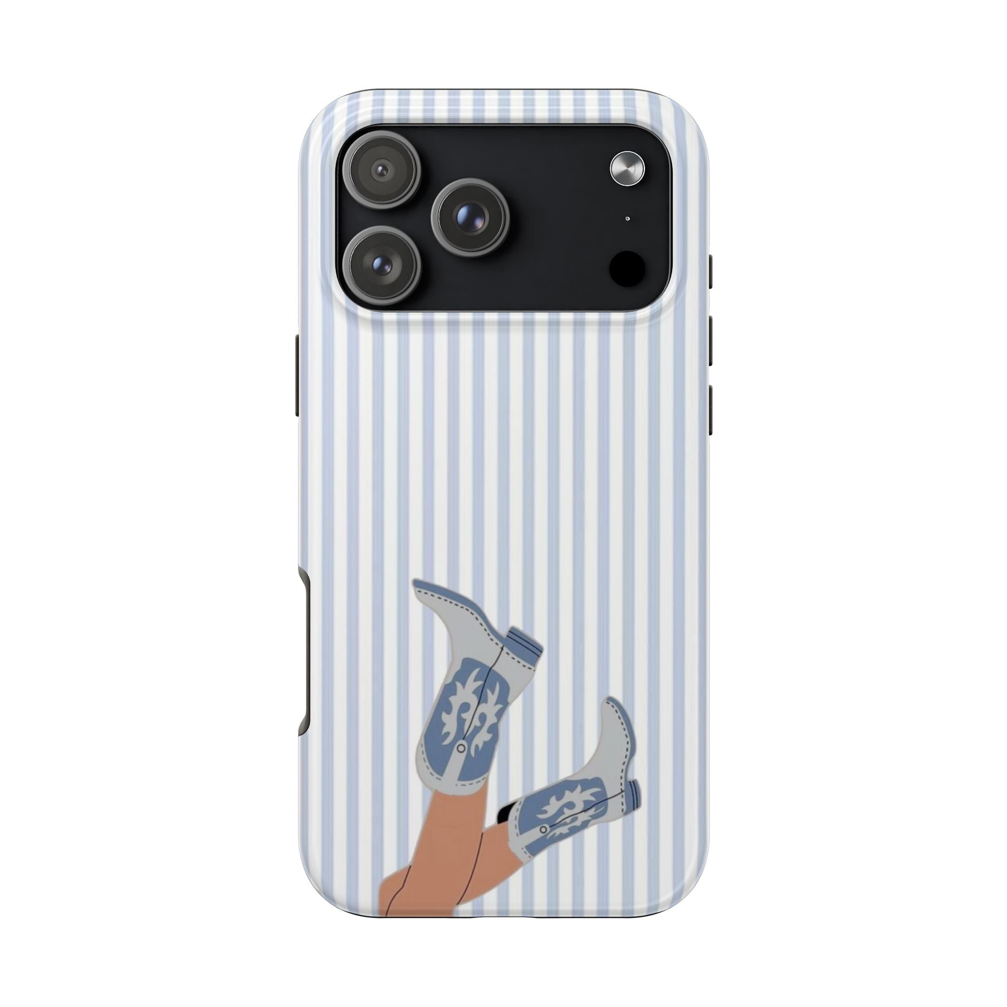 Blue and white striped phone case featuring cowboy boots illustration, rear camera area shown