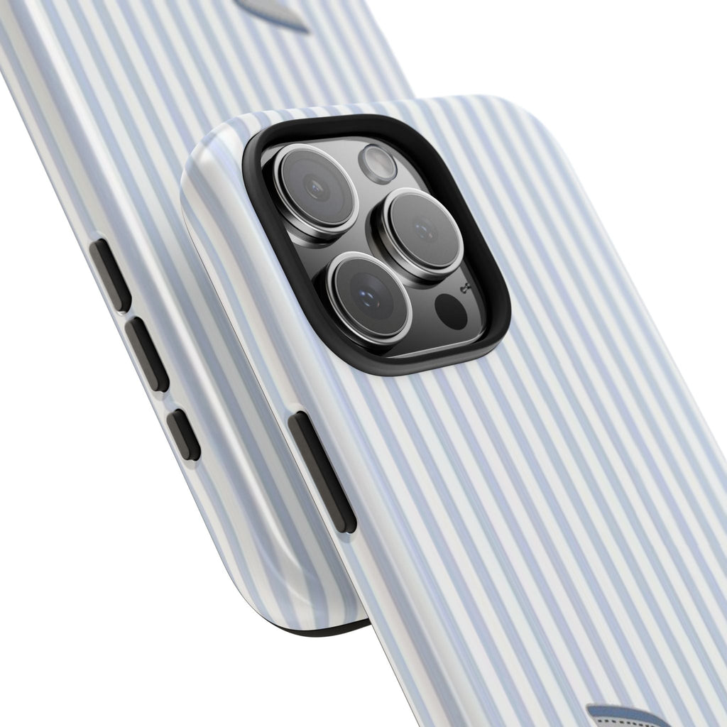 Blue-striped phone case angled view, cowboy boot graphic near bottom, side buttons visible