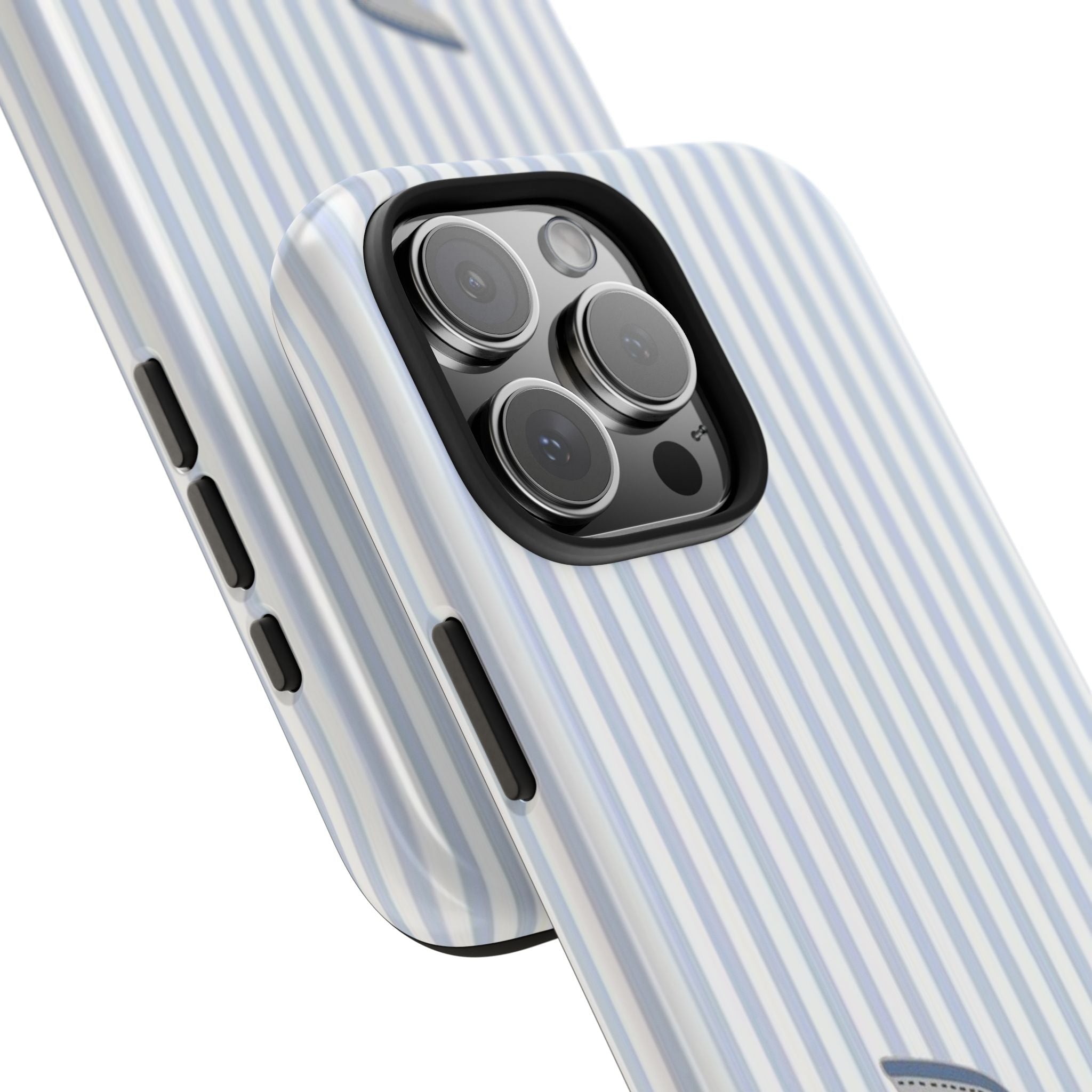 Blue-striped phone case angled view, cowboy boot graphic near bottom, side buttons visible
