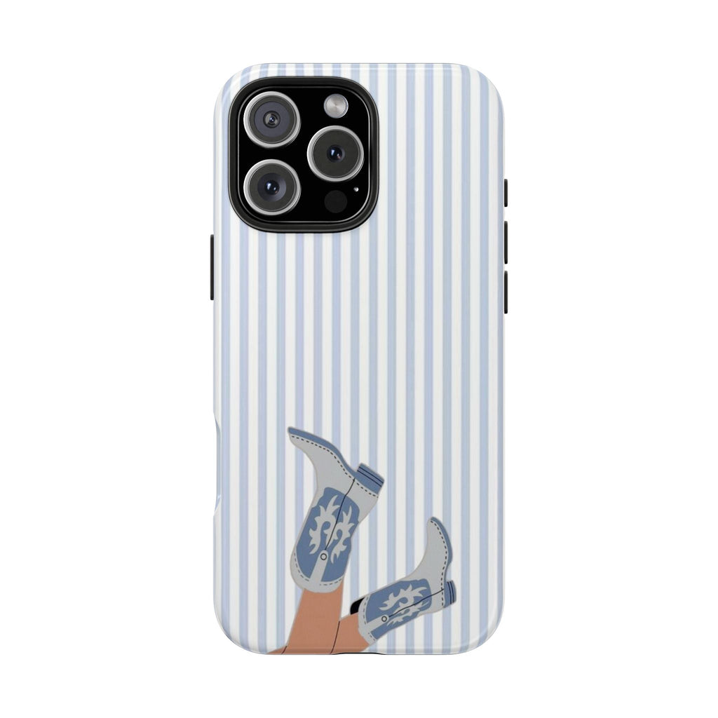 Blue and white striped phone case with cowboy boot illustration, camera cutout visible