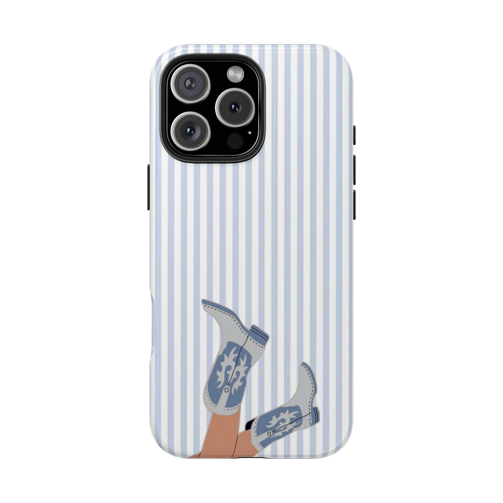 Blue and white striped phone case with cowboy boot illustration, camera cutout visible