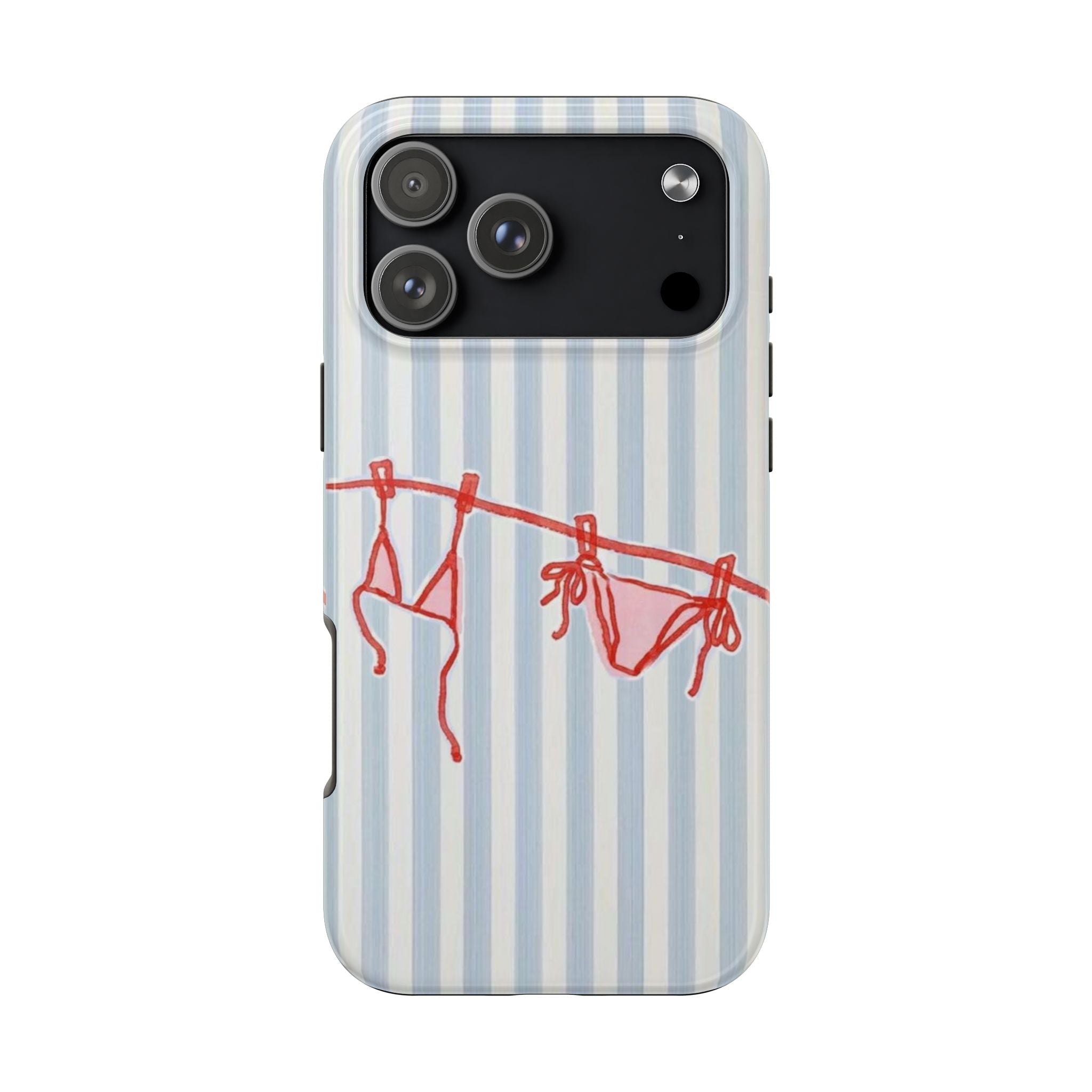 Blue striped phone case with red bikini illustration, dark camera panel, and side buttons
