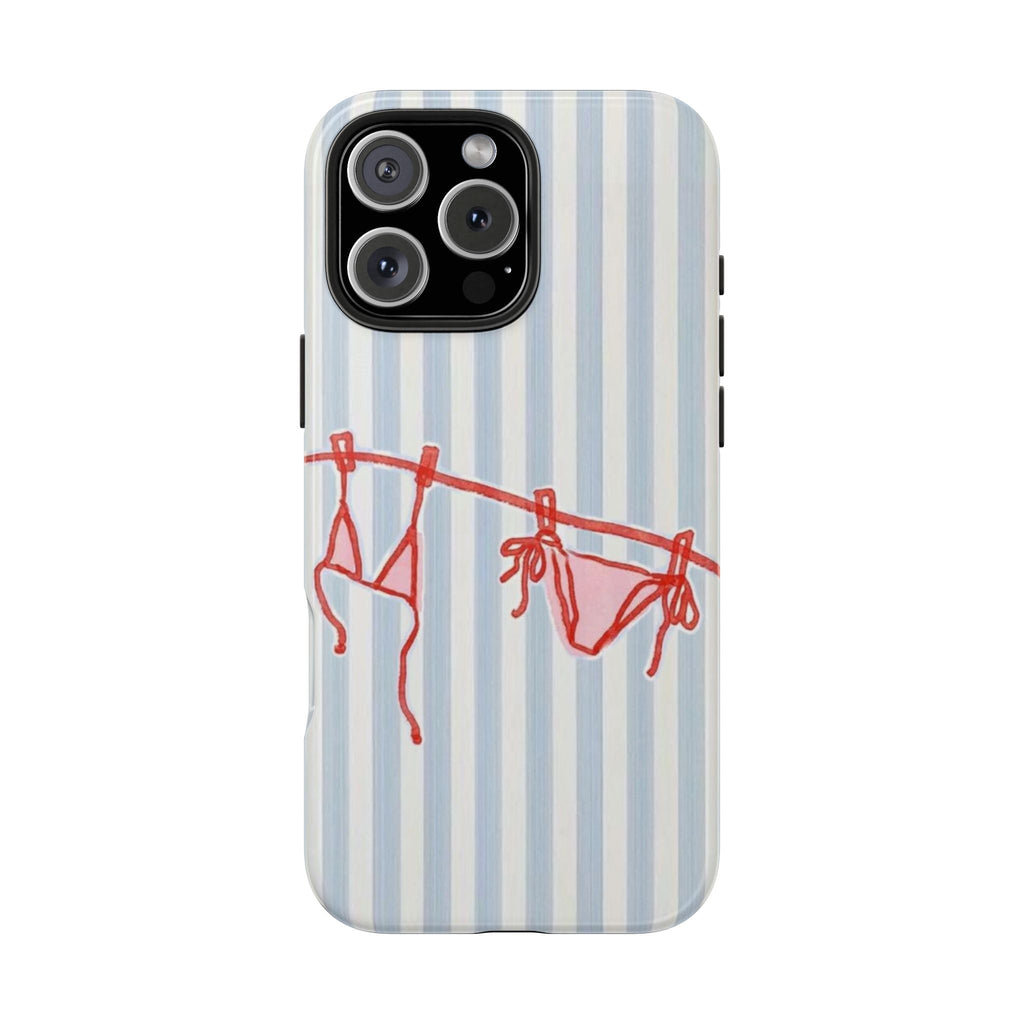 Blue and white striped phone case with red bikini line art and camera cutout