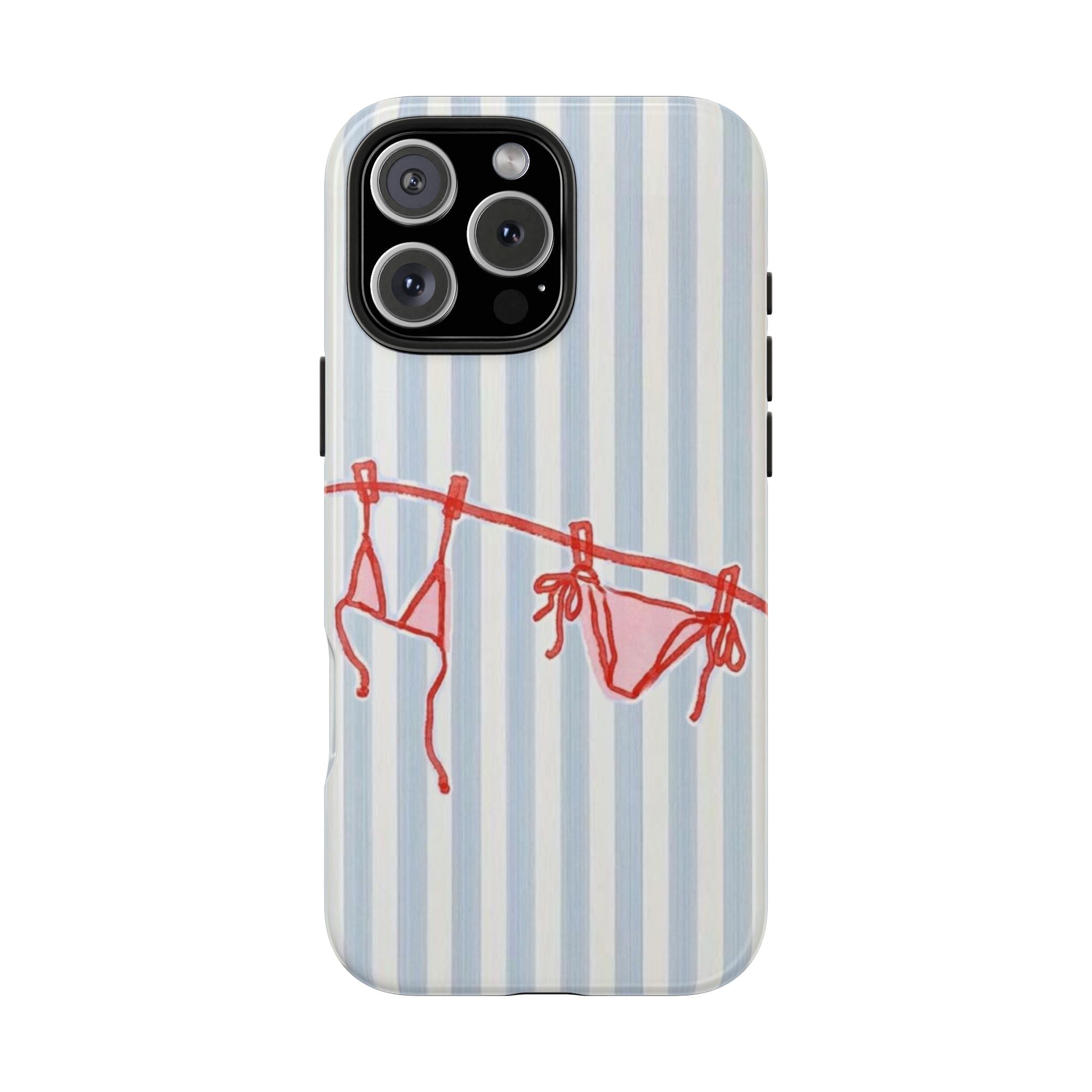 Blue and white striped phone case with red bikini line art and camera cutout