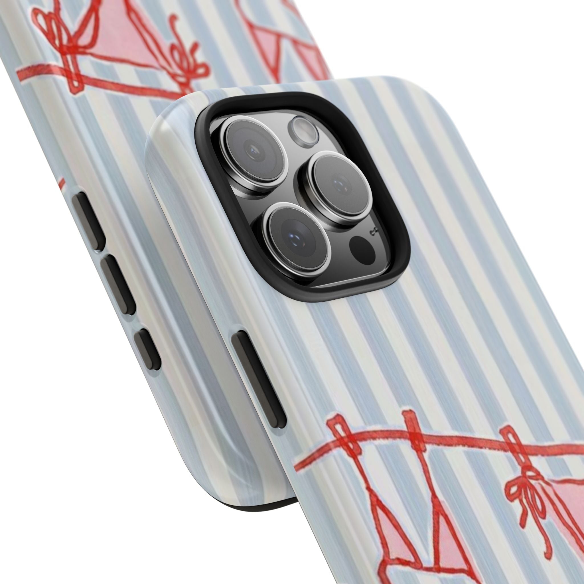 Angled view of blue-and-white striped phone case with red bikini print and camera lenses