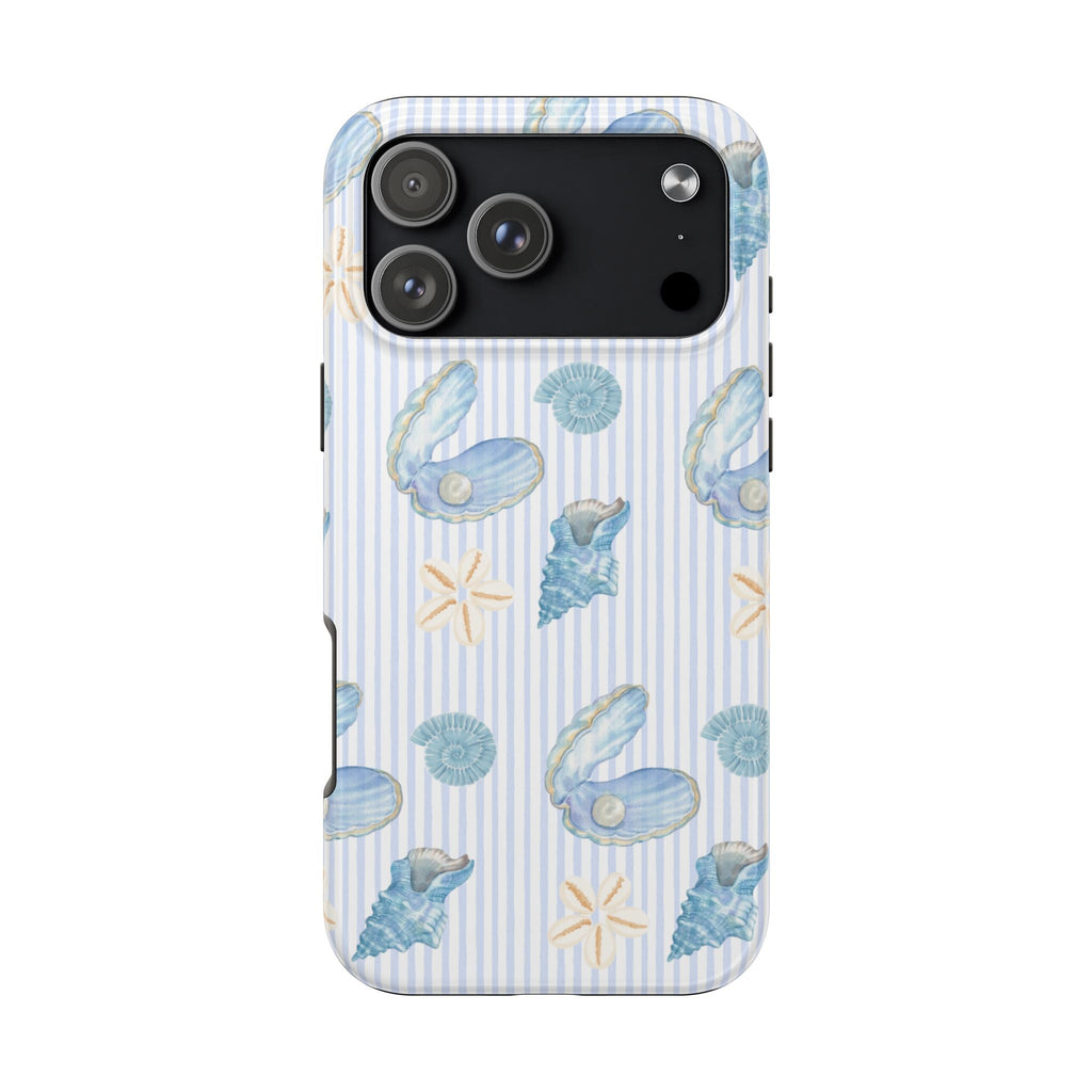 Light blue striped seashell phone case with starfish and clamshells