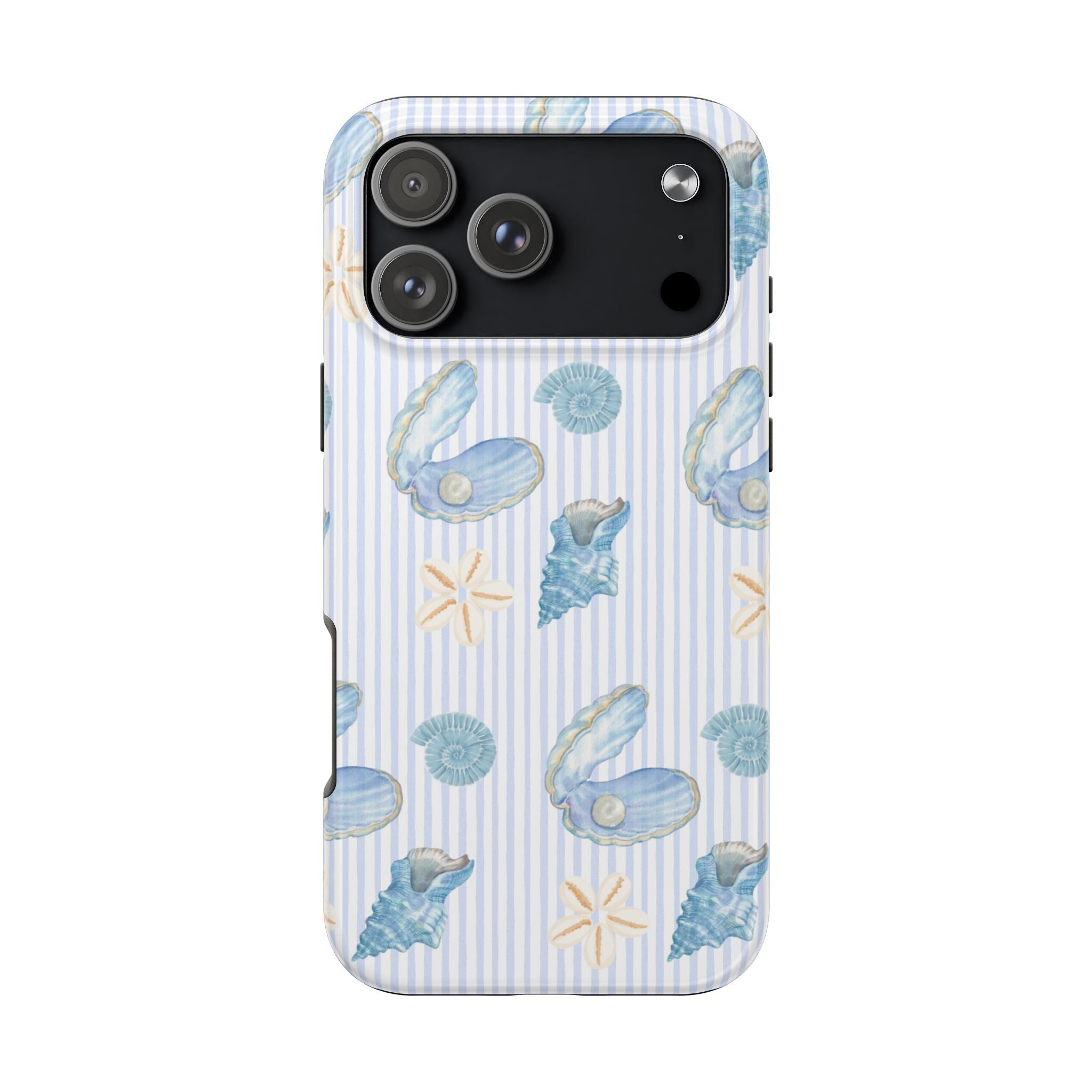 Light blue striped seashell phone case with starfish and clamshells