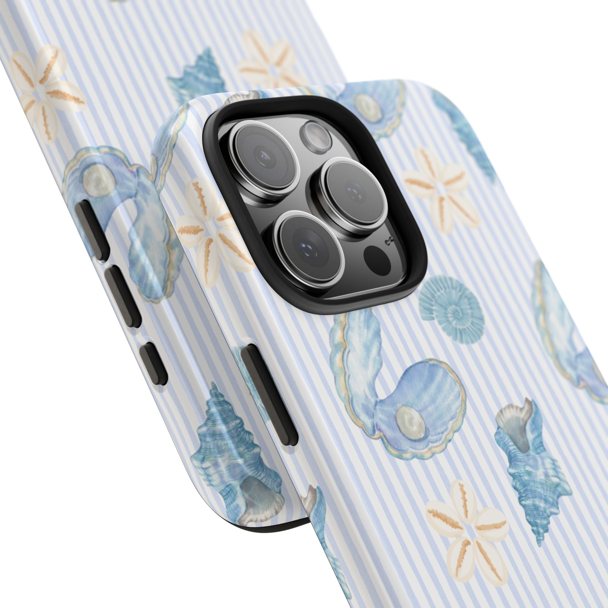 Angled seashell phone case in light blue stripes with starfish and clam pattern