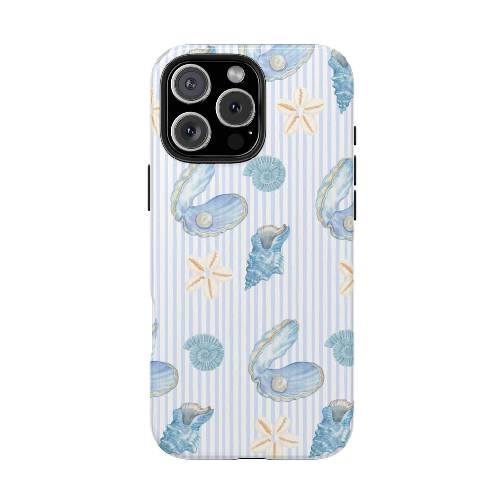 Blue striped seashell phone case with starfish and blue clam shells