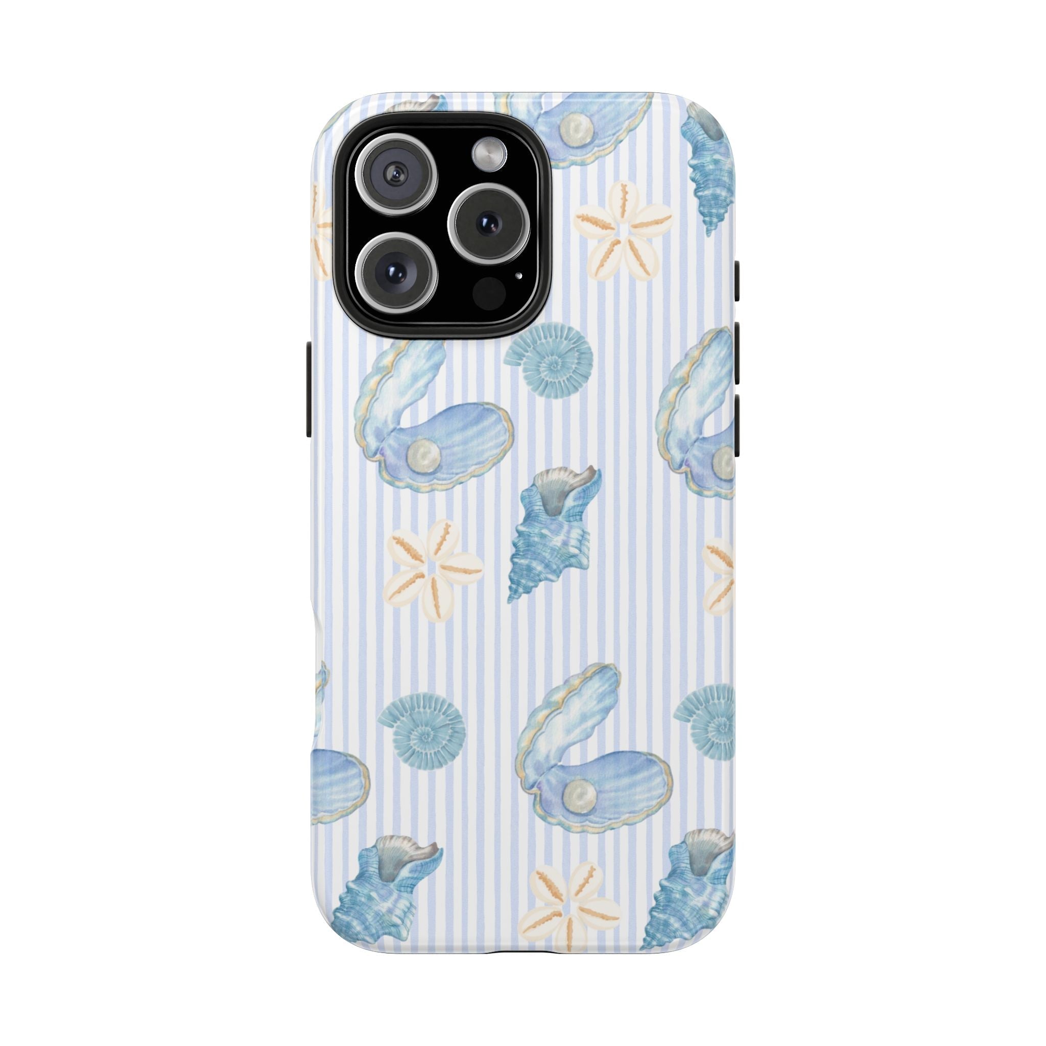 Blue striped seashell phone case with starfish and blue clam shells