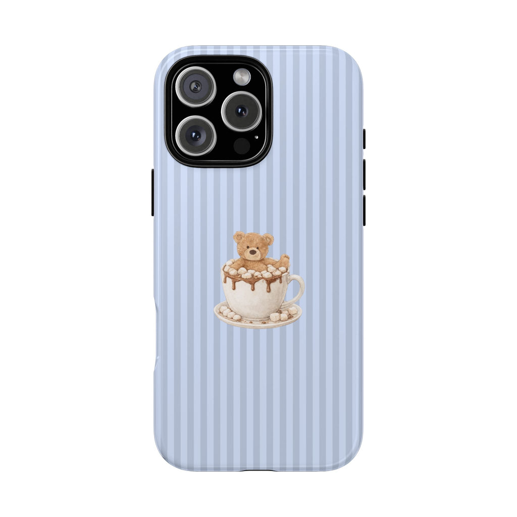 Light blue striped phone case with teddy bear in a mug, cutouts for cameras