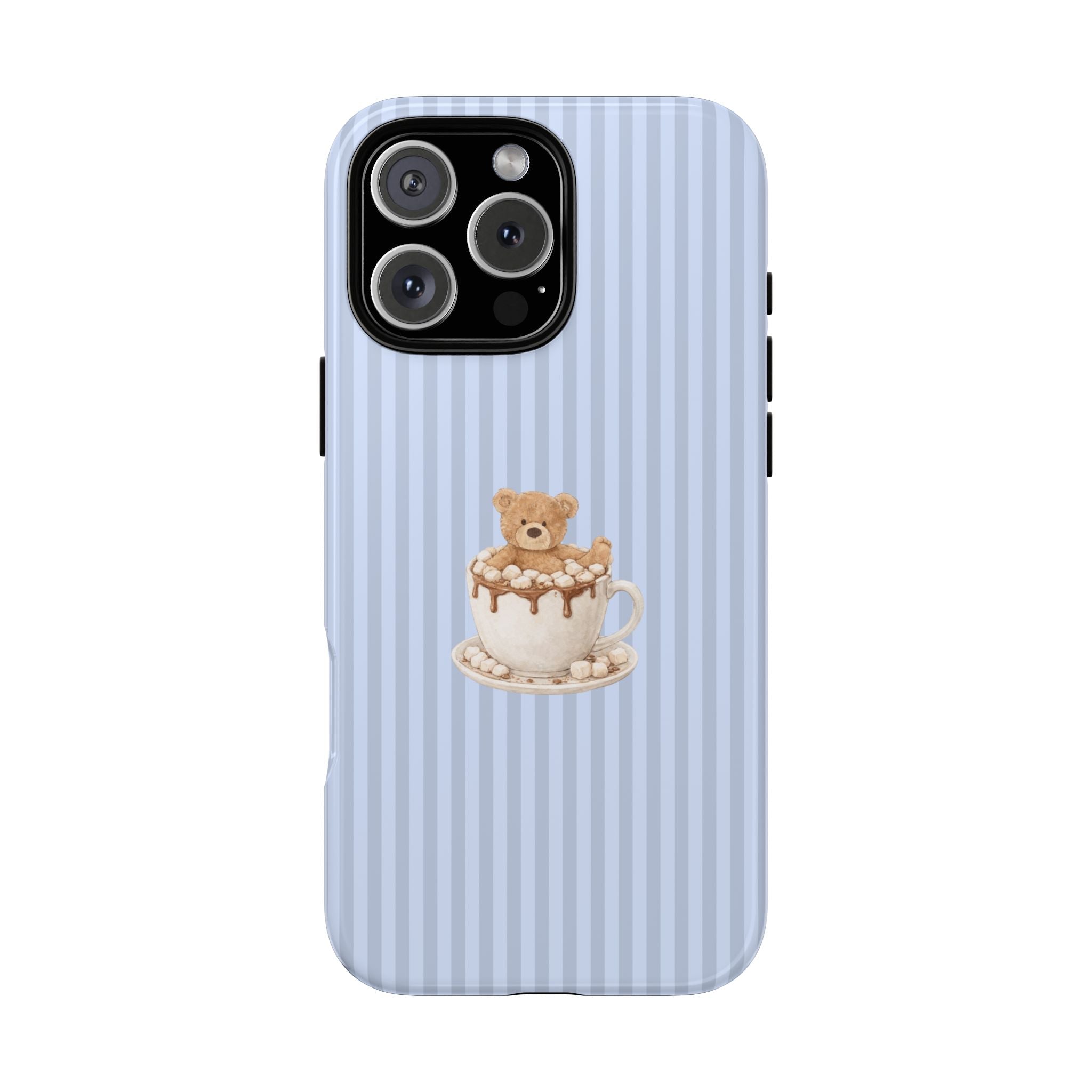 Light blue striped phone case with teddy bear in a mug, cutouts for cameras