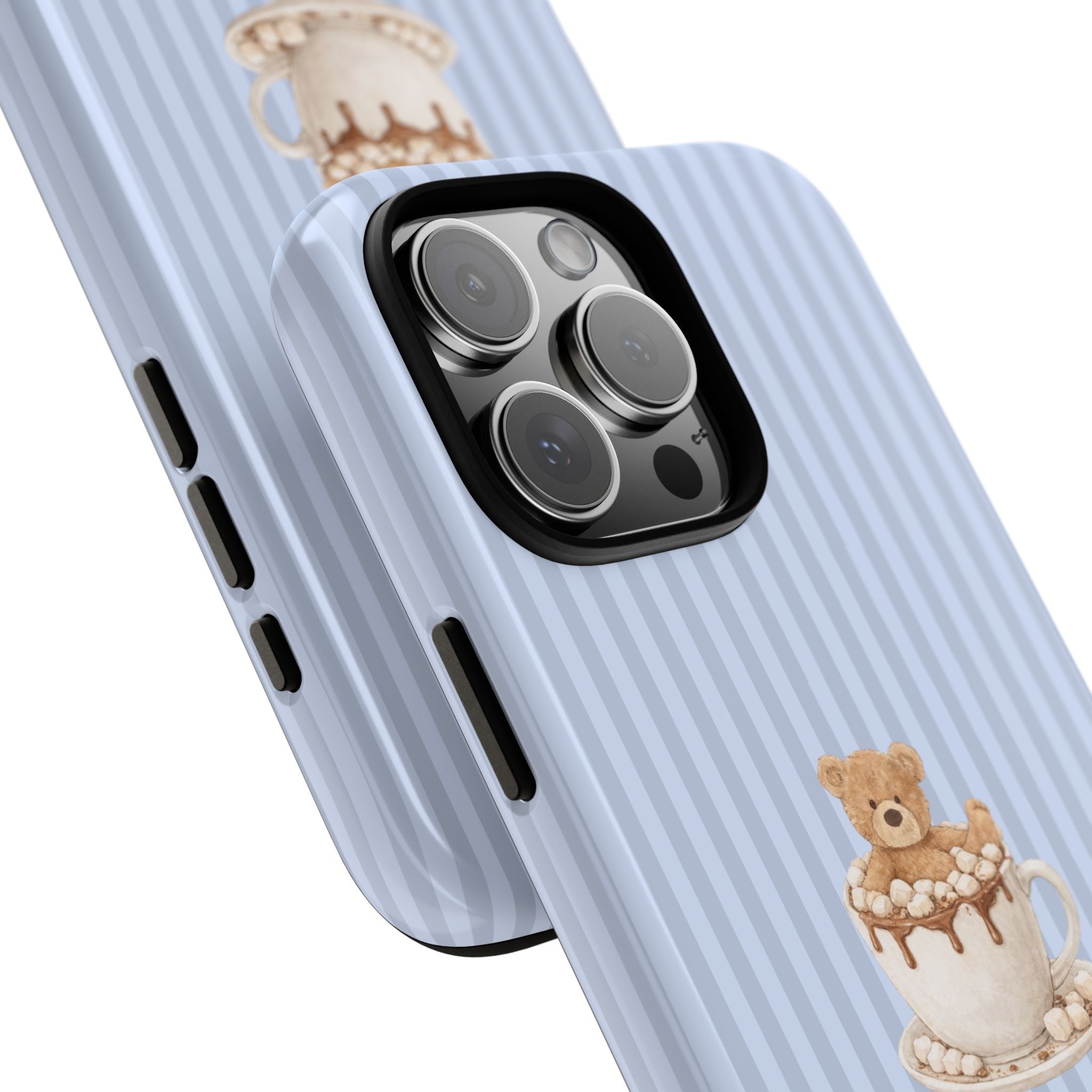 Sky blue striped phone case, diagonal view; teddy bear on mug with camera lens cutouts
