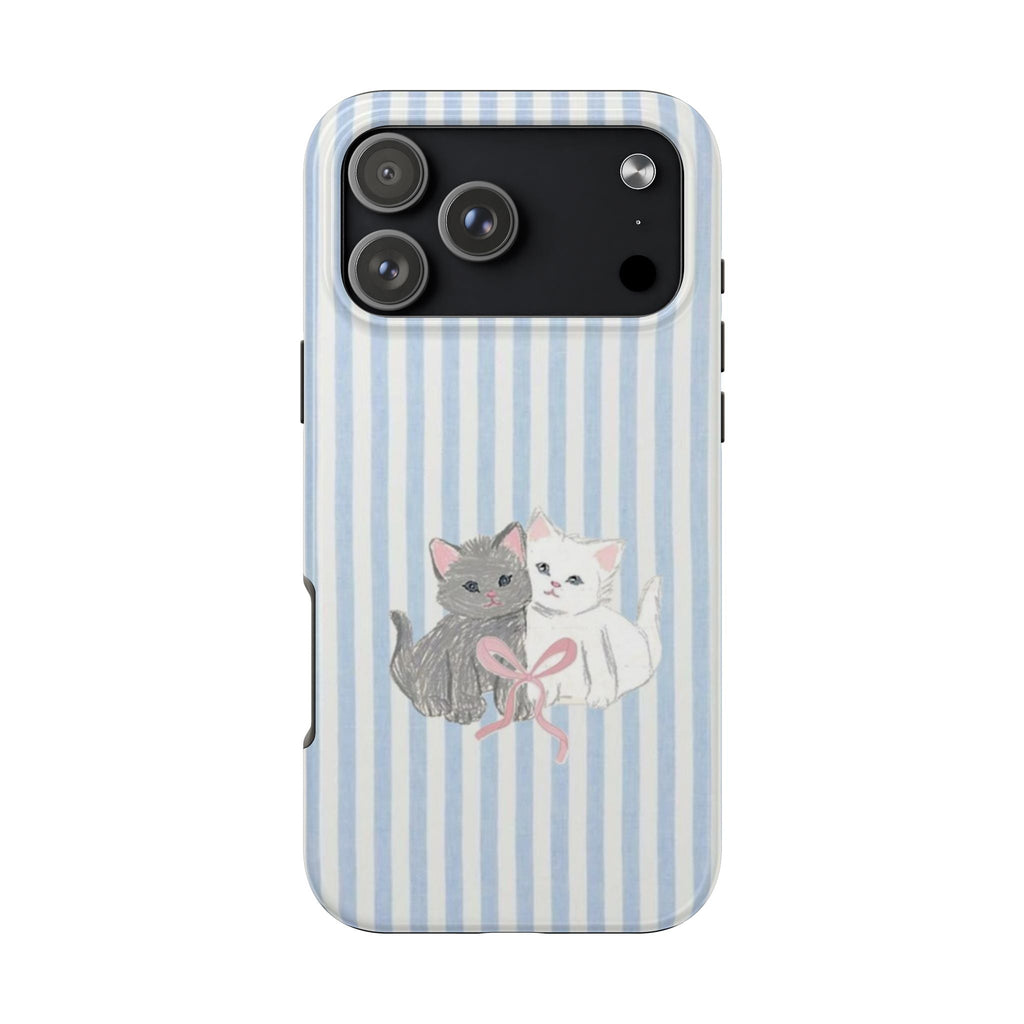 Blue/white striped phone case with twin cats and pink bow centered on back