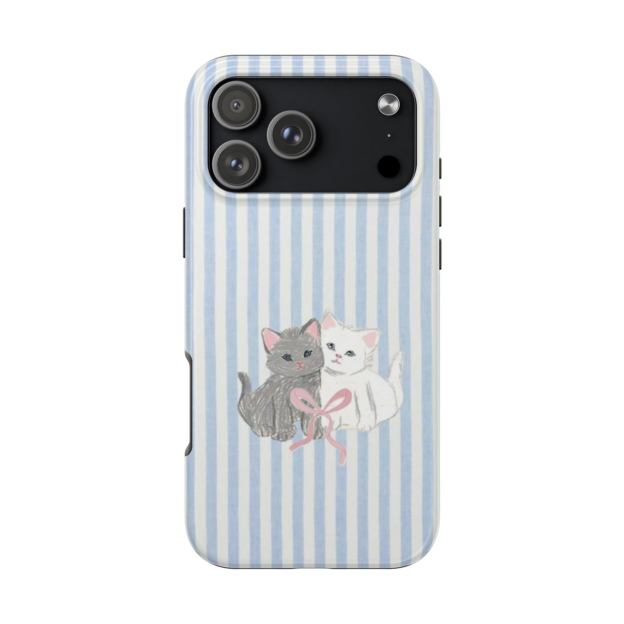 Blue/white striped phone case with twin cats and pink bow centered on back